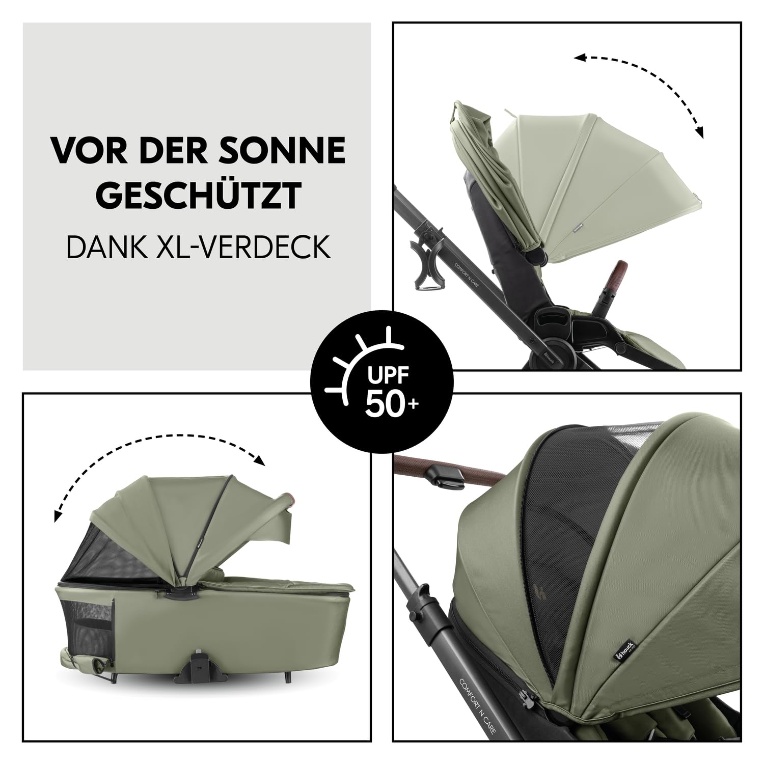 Hauck Comfort N Care Set Olive 2in1 Kinderwagen mit Gummireifen, Wanne, Wendbarer Sitz, bis 22 kg, Höhenverstellbar, inkl. Autositz Adapter