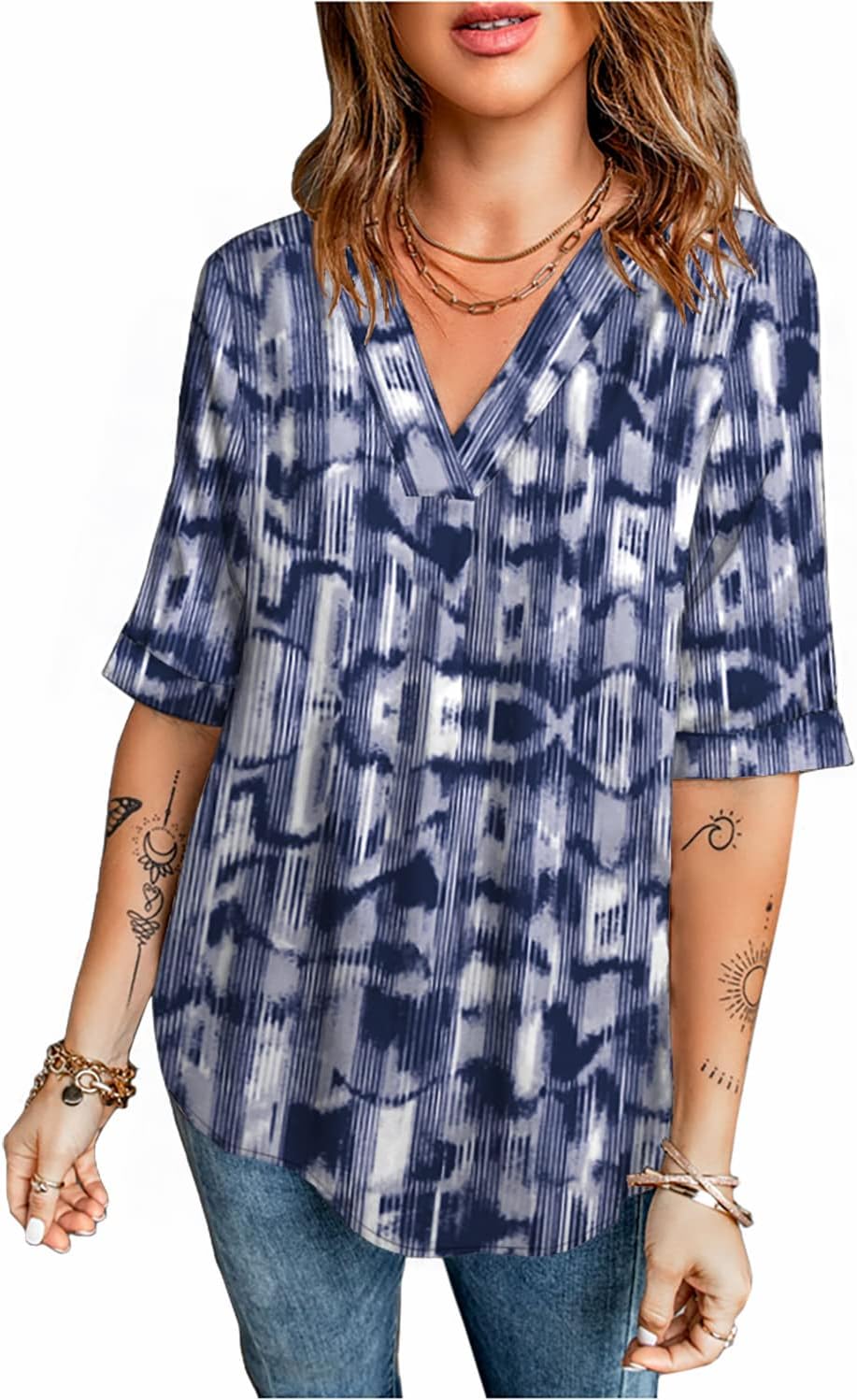 Necooer Womens V Neck Chiffon Blouse Casual Short Sleeve Striped Printed Shirts Tops (Medium,Z-Blue) - Image 2