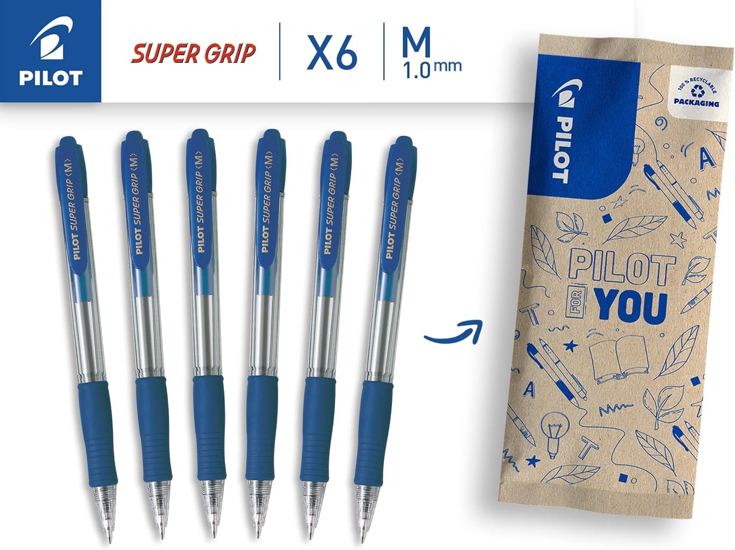 PILOT - Caja de 6 Bolígrafos Super Grip - Biros Recargables y Retráctiles - Azul - Punta Media
