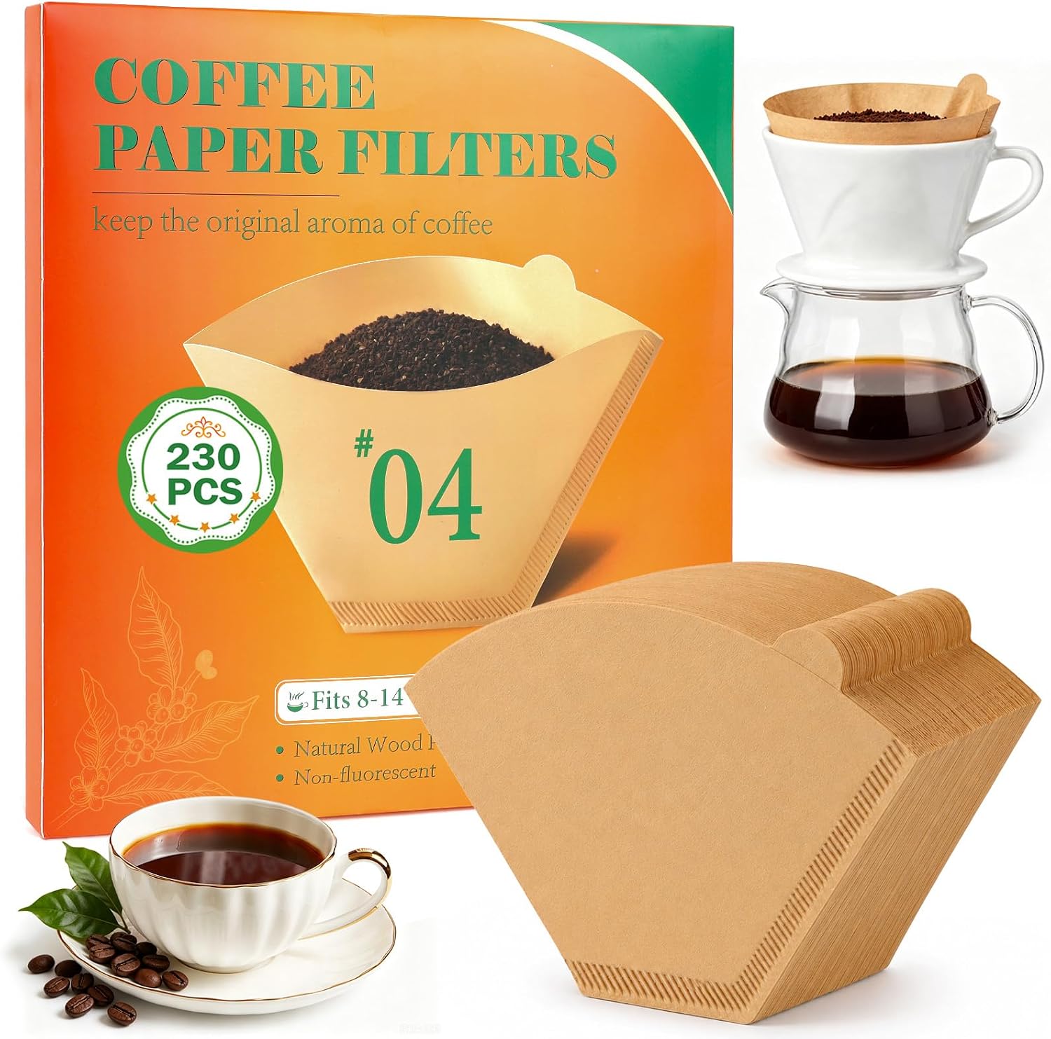 BYKITCHEN 230 Count Coffee Filters #4, 8–12 Cup, Cone Paper Unbleached