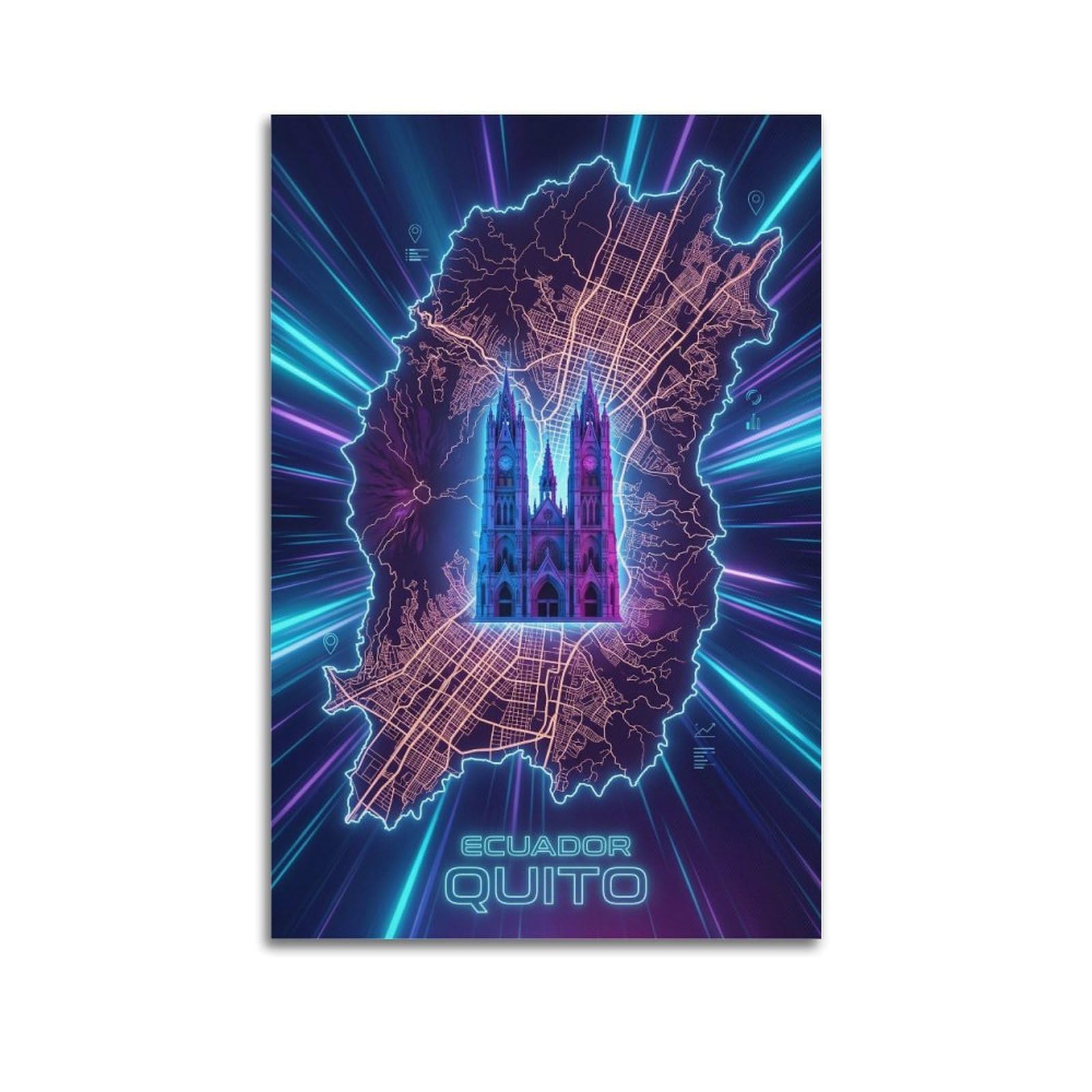 XKUGA Retro Futuristic Ecuador Quito Neon City Map Poster Modern Decorative Canvas Prints - Ideal Wall Art for Family, Man Cave, Game Room, Boys & Girls Bedroom 20x30inch(50x75cm)