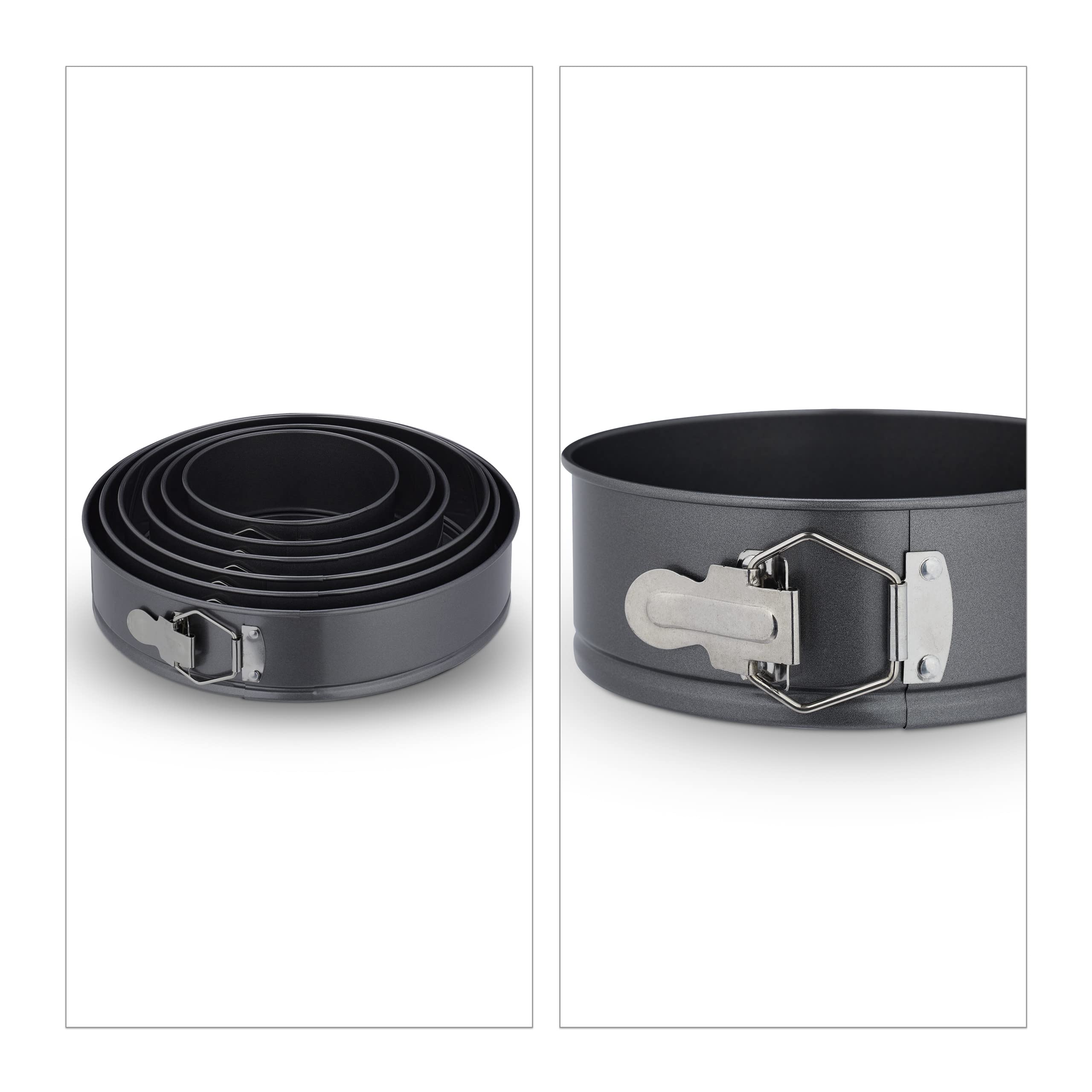 Relaxdays Lot moules à charnière, 6 Plats, diamètre: 14, 18, 20, 24, 26, 28 cm, Inoxydable, antiadhésif, Anthracite