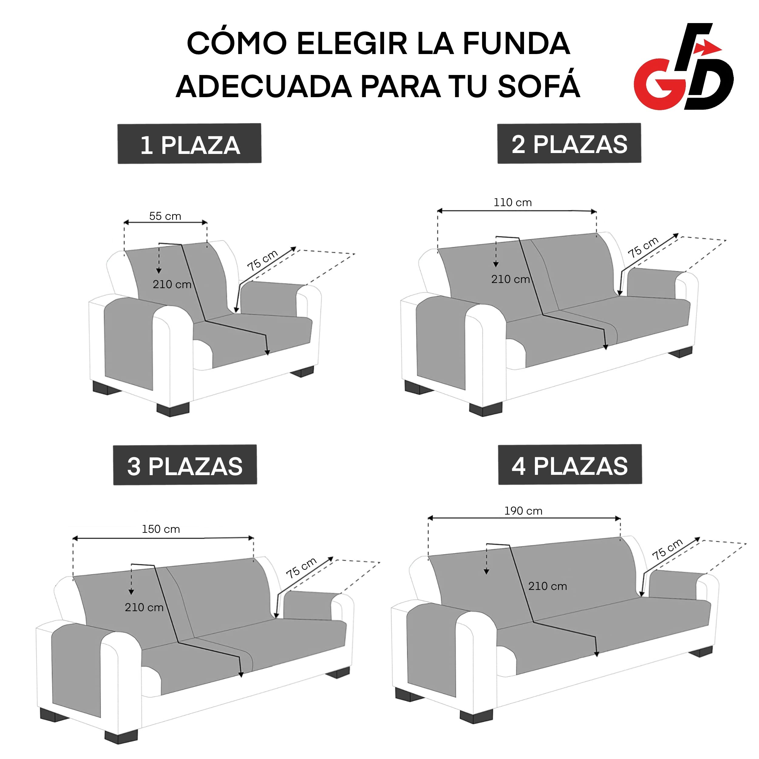 GFD Textiles - Cubre Sofa 4 Plazas 190 cm, Funda para Sofá Ajustable, Forros para Sofás Antideslizante, Fundas Sofá Acolchado, Protector Sofá Duradero Perros Gatos Mascotas (4 plazas, Gris)
