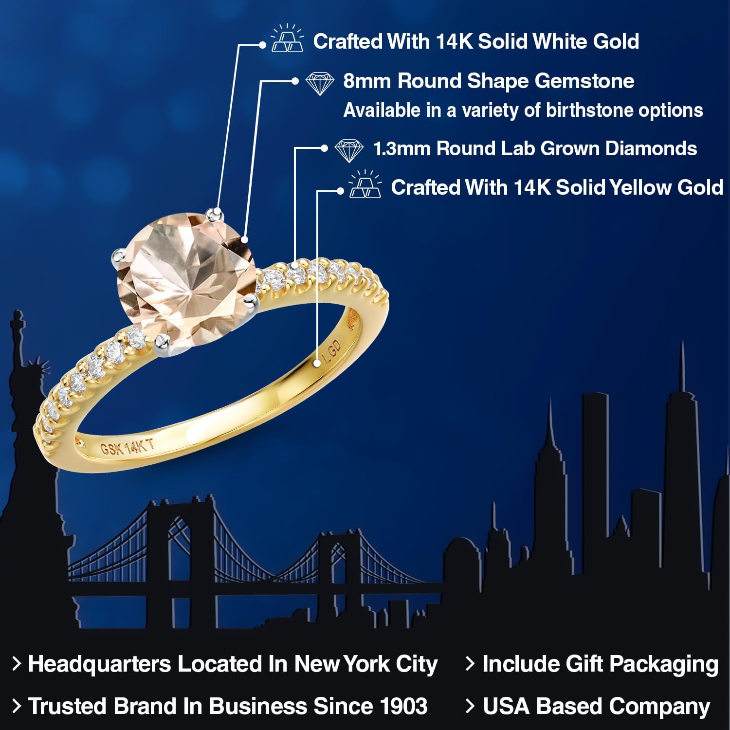 Gem Stone King 14K 2 Tone Gold Peach Morganite and Lab Grown Diamond Engagement Ring For Women | 1.86 Cttw | Round 8MM | Gemstone October Birthstone - Image 2