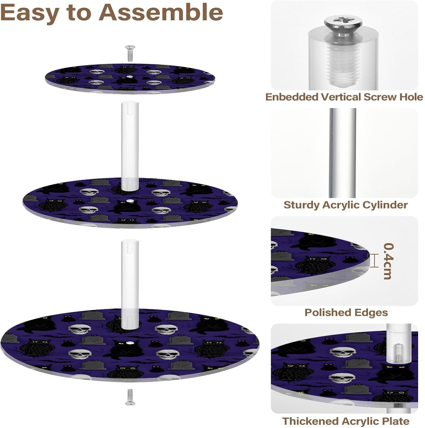 Skull Cat Owl Tombstone Halloween 3 Tier Acrylic Cupcake Stand, Cupcake Stand for 34 Cupcakes for Weddings, Christmas,Holidays,Parties,Birthday,Printed Cupcake Tower 23300342