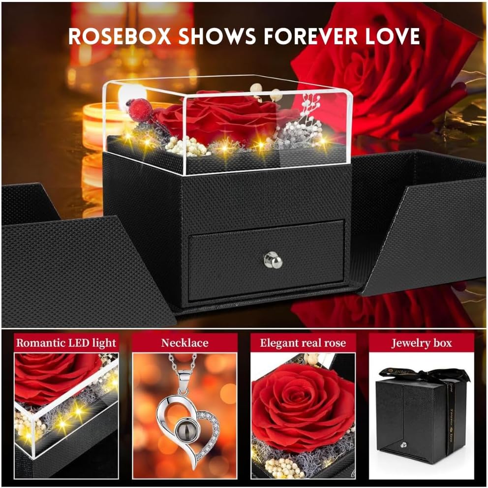 Preserved Real Rose with Heart I Love You Necklaces for Women in 100 Languages - Eternal Red Flowers Gifts for her Romantic Gift Set for Girlfriend Birthday Anniversary on Valentines Mothers Day - Image 5