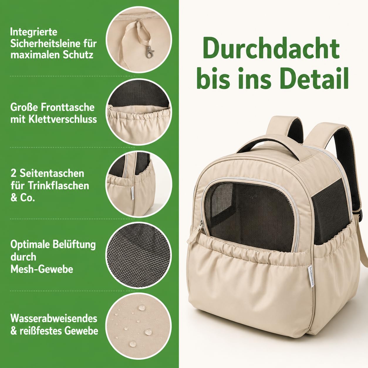 KatzenRucksack HundeRucksack für Kleine Haustiere bis 4 kg - Atmungsaktive & Faltbare Hundetasche, Tragbare und Leichte Katzentasche, mit Netzfenster Haustier Transportboxen (Beige)