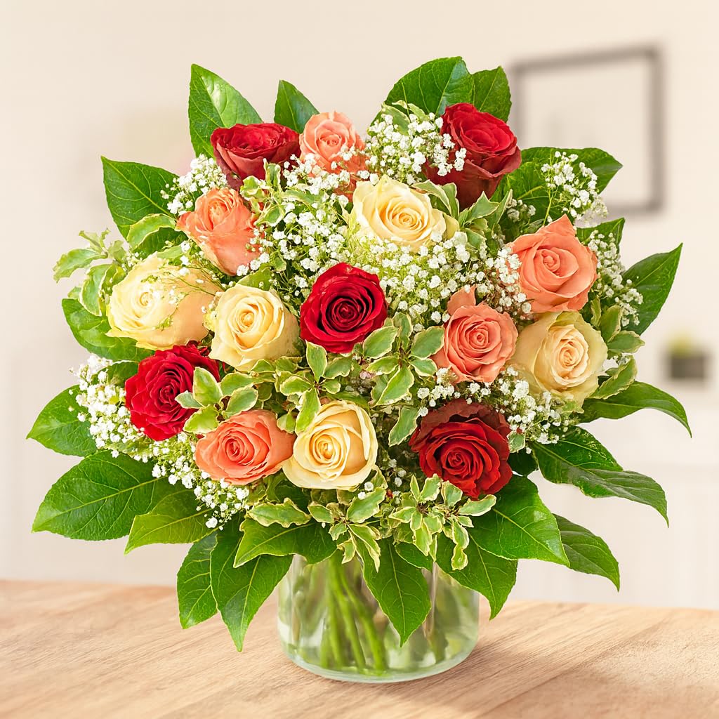 Blumenstrauß Rosenmix mit 12 Rosen in Rot/Weiß/Rosa | Mit Schleierkraut, Inklusive Grußkarte