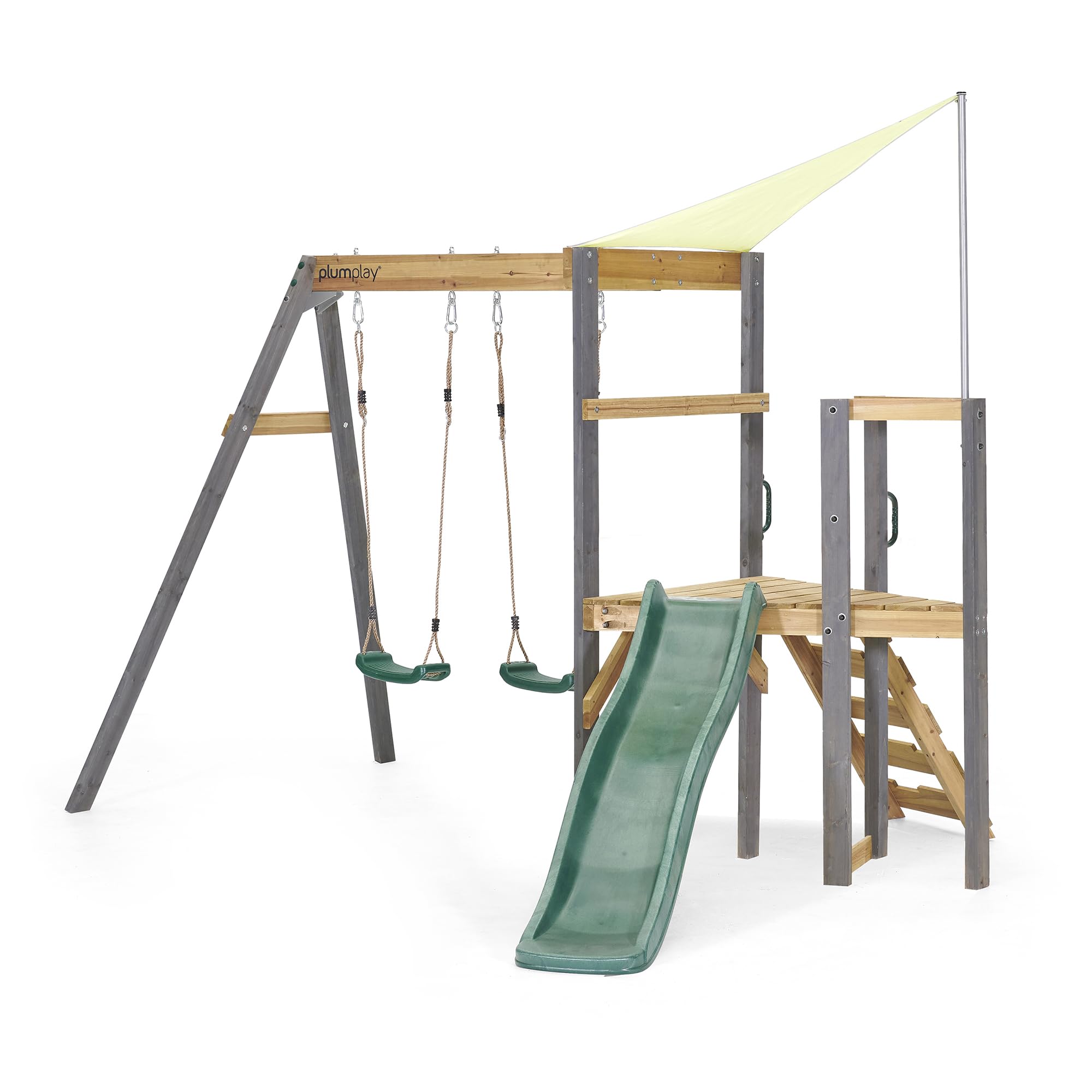 Plum Play Kids Outdoor Wooden Barbary Double Swing Slide and Climbing Frame with Ladder and Sunshade - Suitable from 3 Years Plus Max User 50kg per Accessory