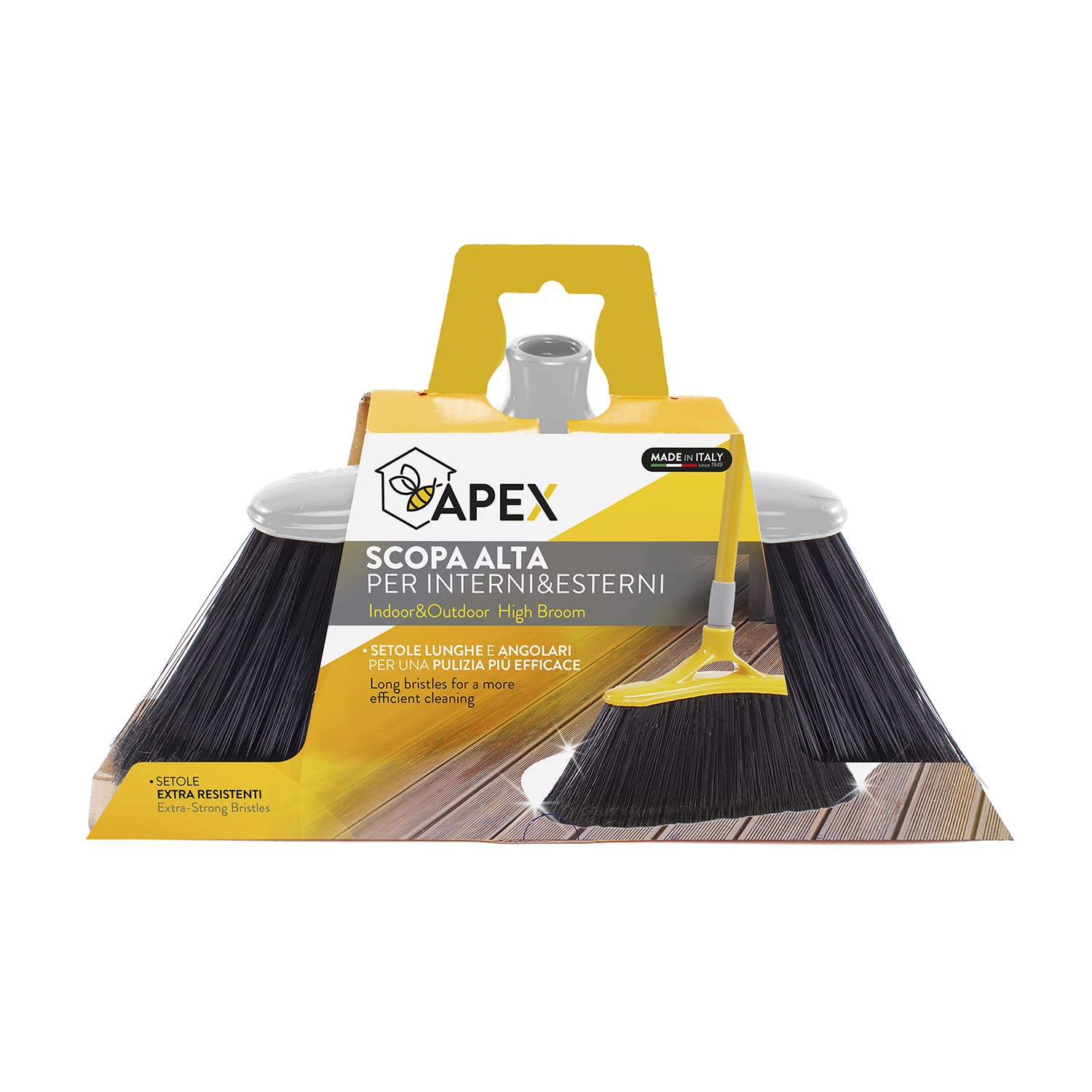 Apex Scopa Alta per Interni ed Esterni – Setole Lunghe e Resistenti, Manico Allungabile 77-132 cm, con Pettinino Pulisci Setole