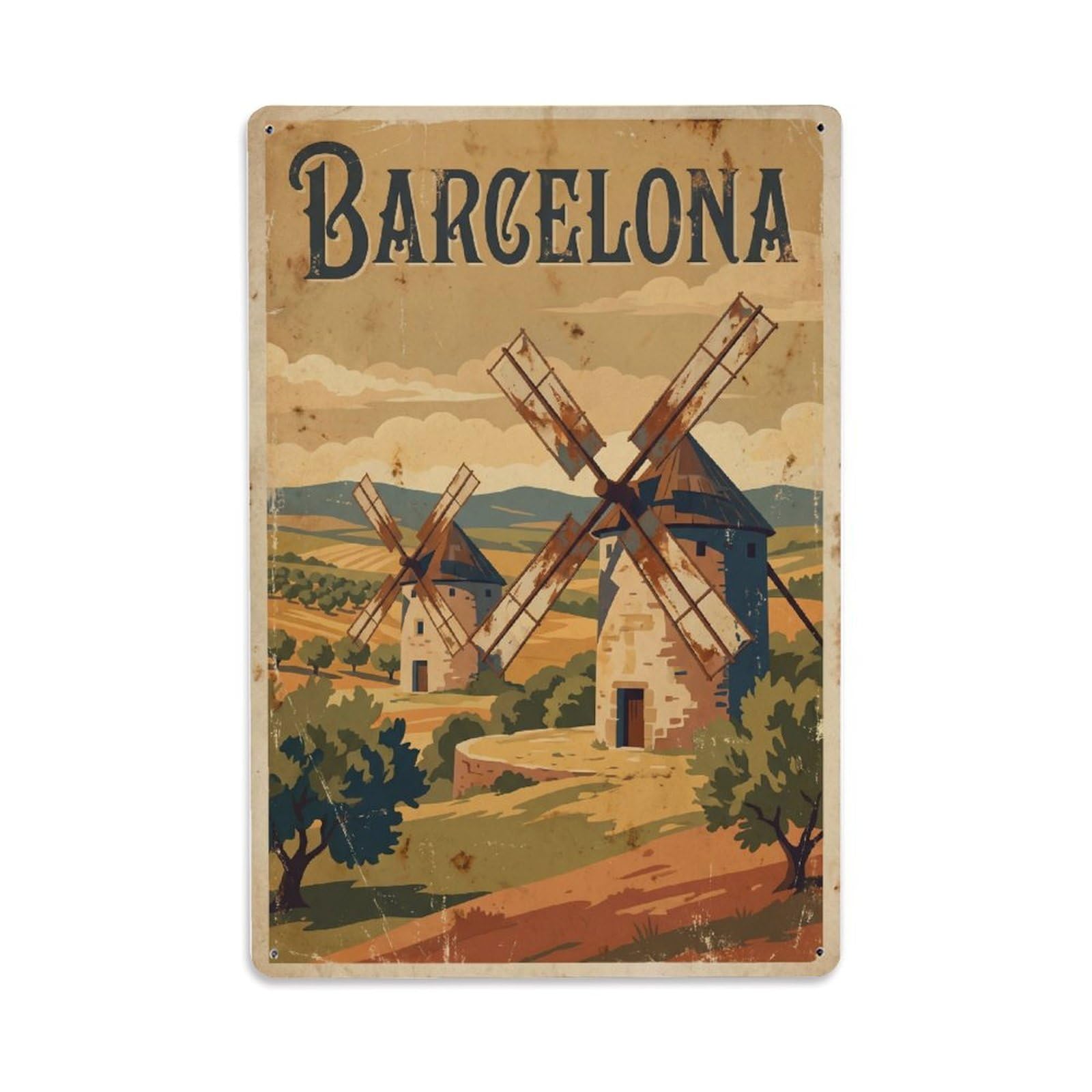 Fqnyr Style Vintage Travel Windmills Spain Countryside Metal Tin Sign Plaque Wall Decor For Cafe, Club Bar, Office, Home Garden Metal Poster 8X12inch