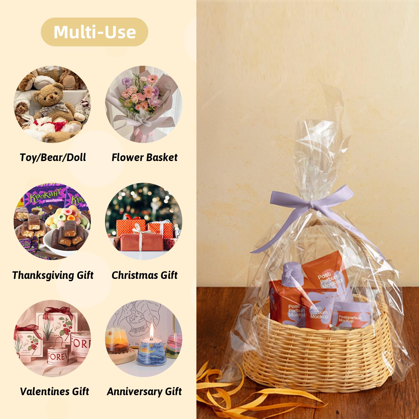 WIKDAY Cellophane Wrap for Gift Baskets 5 PCS 18x30 Inches Large Clear Cello Gift Bags with Ties Plastic for Gift Giving, Packaging Products