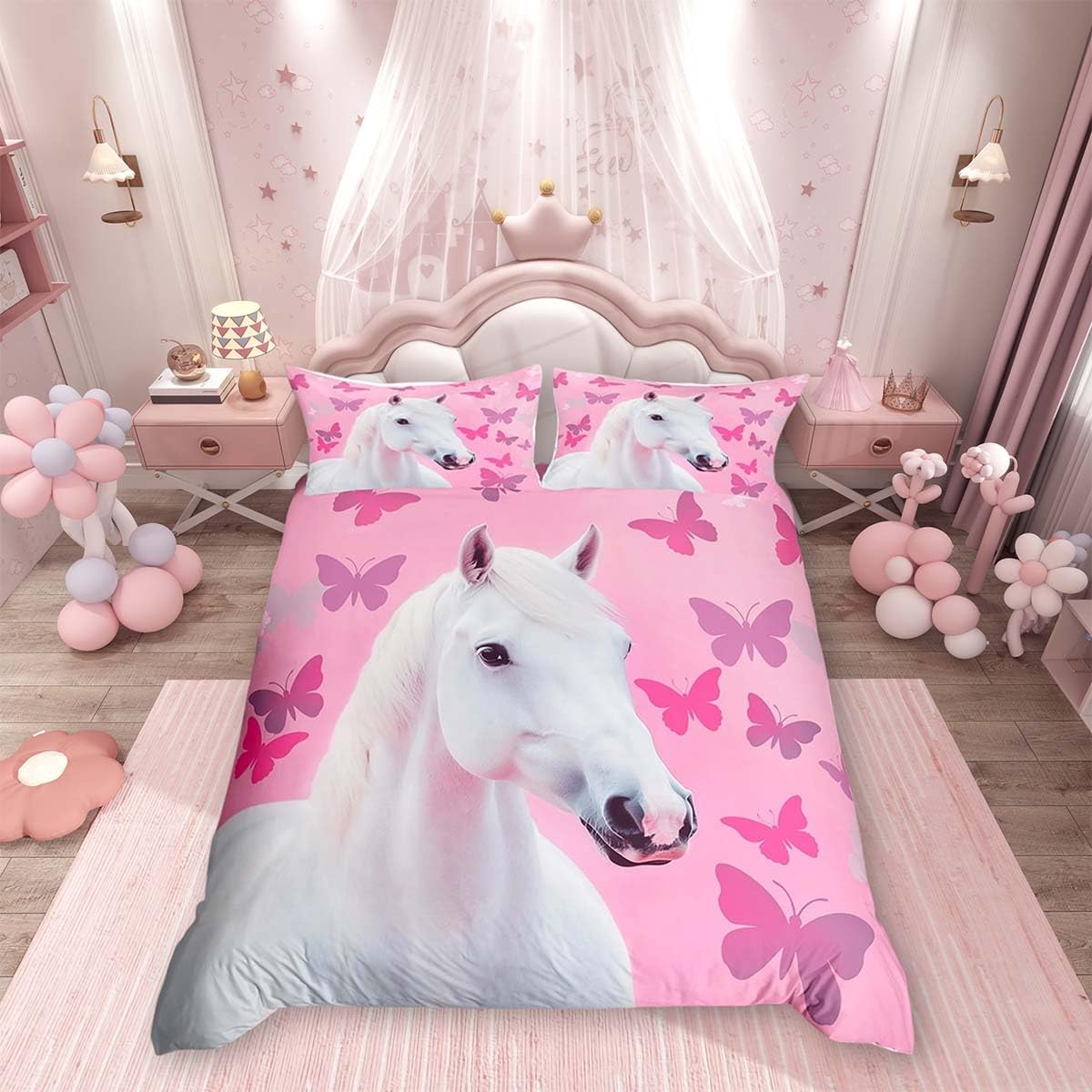 Homemissing Girls' Horse Duvet Cover Set King Size Pink White Horse Printed Bedding Set Butterfly Flower Duvet Cover with 2 Pillowcases Children'S Women'S Animal Theme