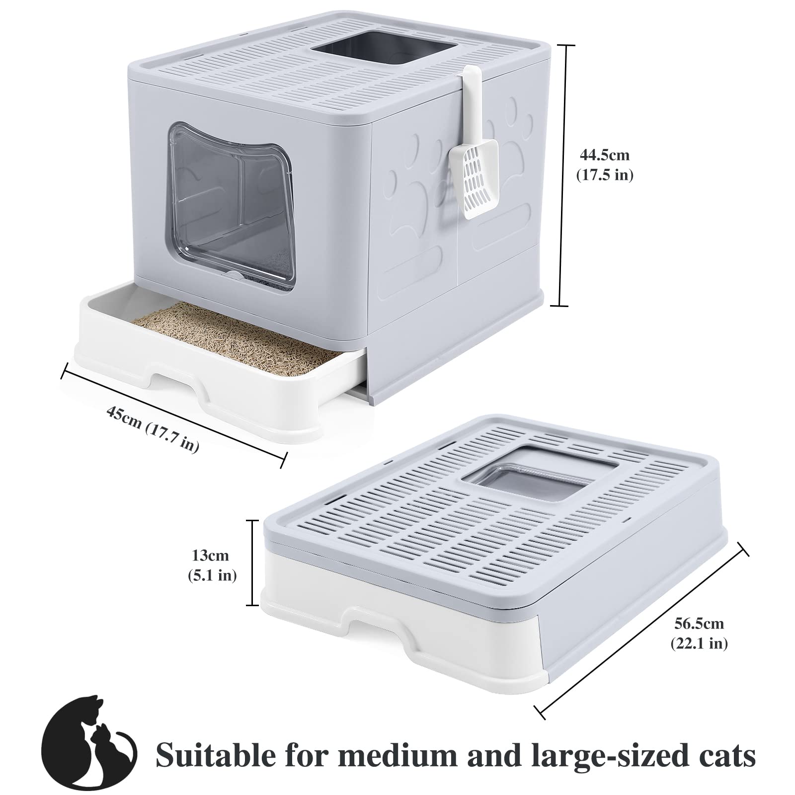 Bolux Foldable Cat Litter Box with Lid, Extra Large Litter Box with Cat Litter Scoop, Drawer Type Cat Litter Pan Easy to Scoop & Low Tracking (Grey XL)