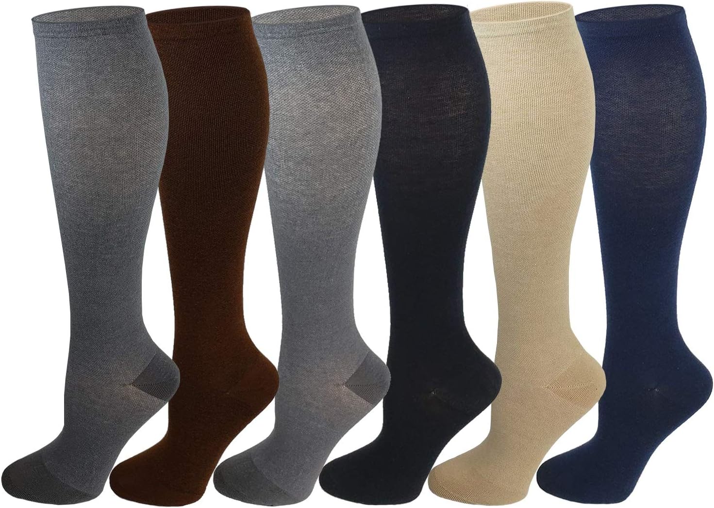 6 Pairs Pack Graduated Colorful Travel Athletic Cotton Compression Knee High Socks (6 Pairs Assorted Solid, Small/Medium)