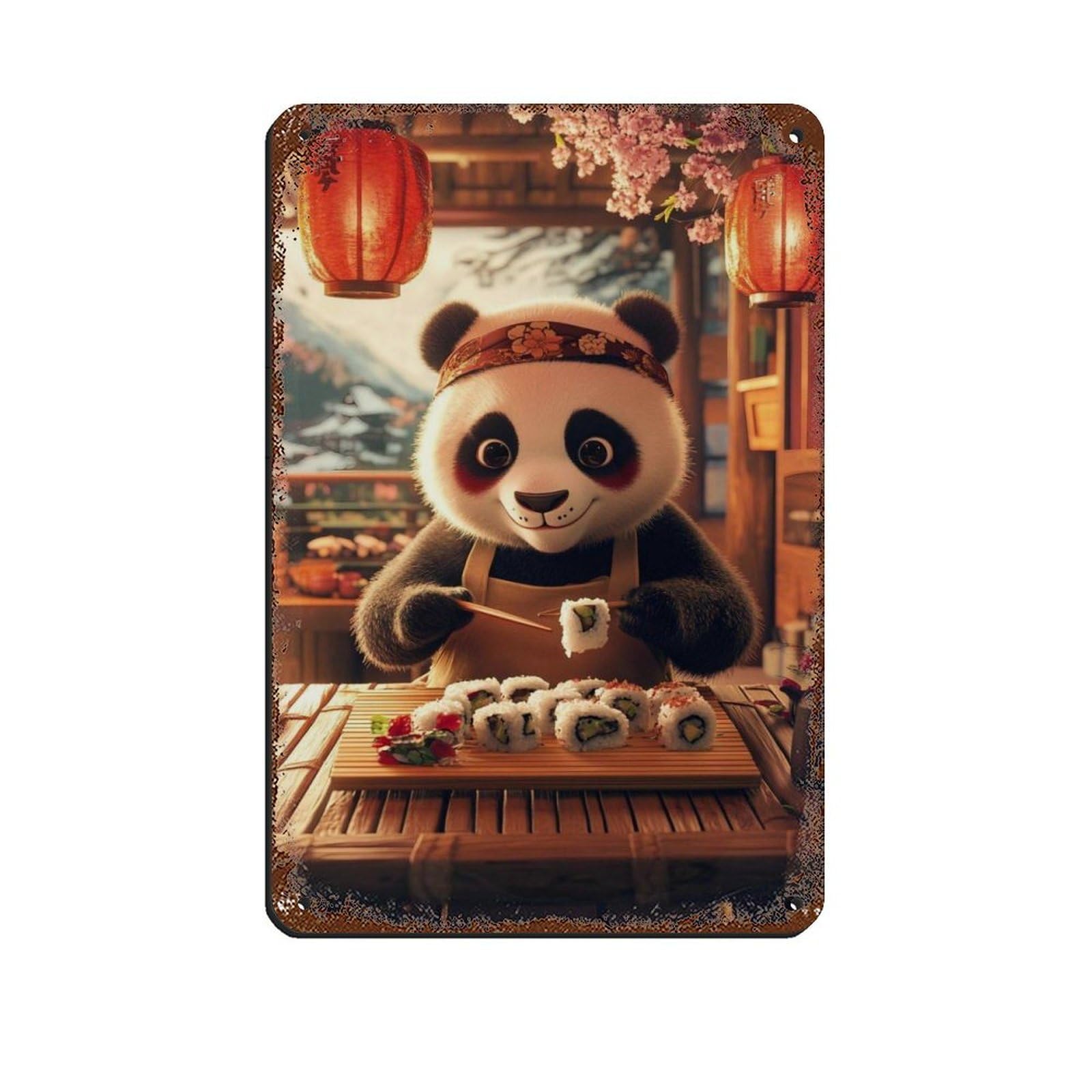 Lxwnze 20L X 30W Cm Cute Panda Sushi Chef Wall Tin Sign Vintage Metal Pub Club Cafe Bar Home Wall Art Decoration Poster Retro 8X12inch(20X30cm)