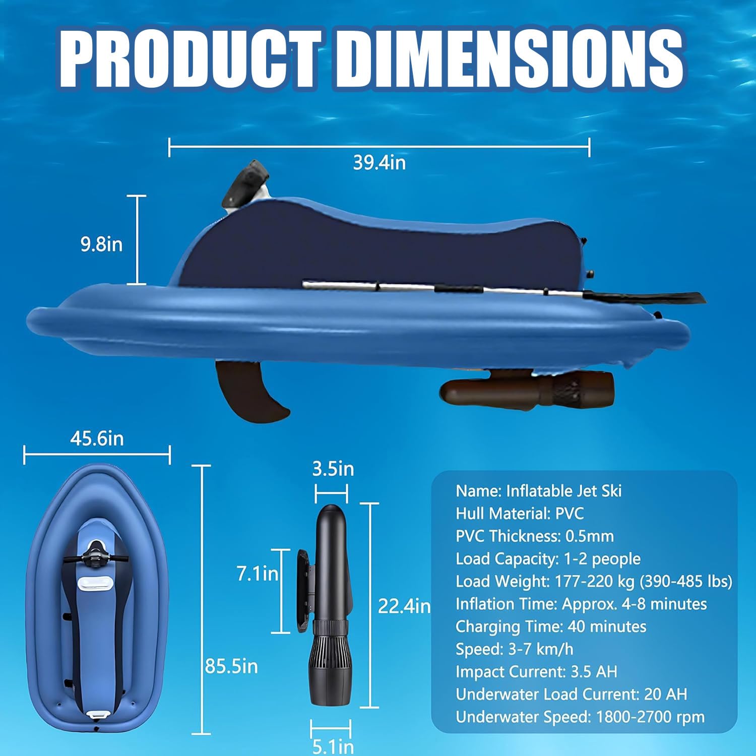 Scooter Submarino y Kayak 2 en 1 – Desmontable para Snorkel y Buceo | Potente motor 500W y batería 10000mAh – velocidad 3-7 km/h y autonomía hasta 130 min,Profundidad máxima 40m