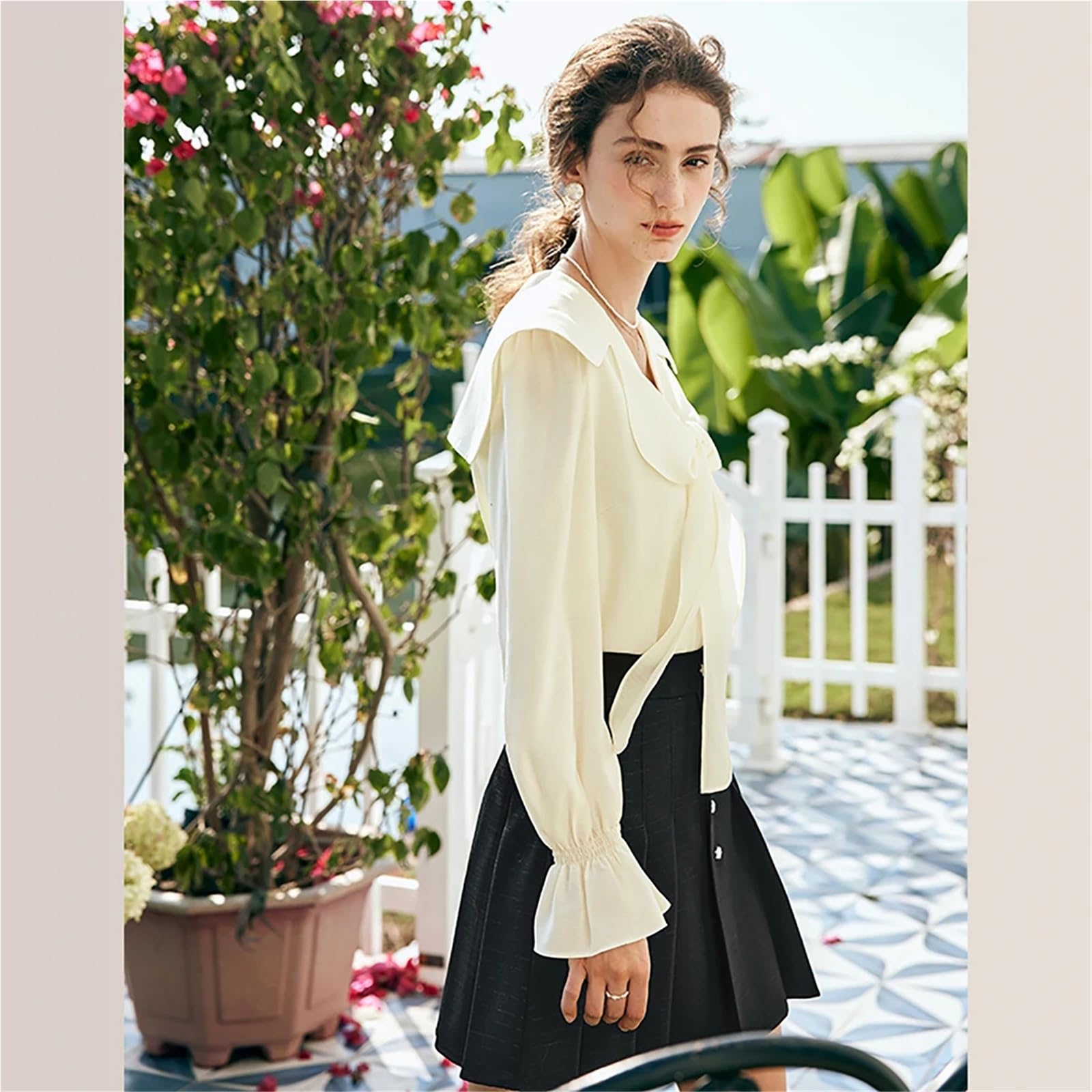 Blusa de Gasa Encaje for Mujer, Camisa Elegante Color Liso con Pajarita, Tops Femeninos Manga Larga Cuello en V para Atuendo Casual Diario