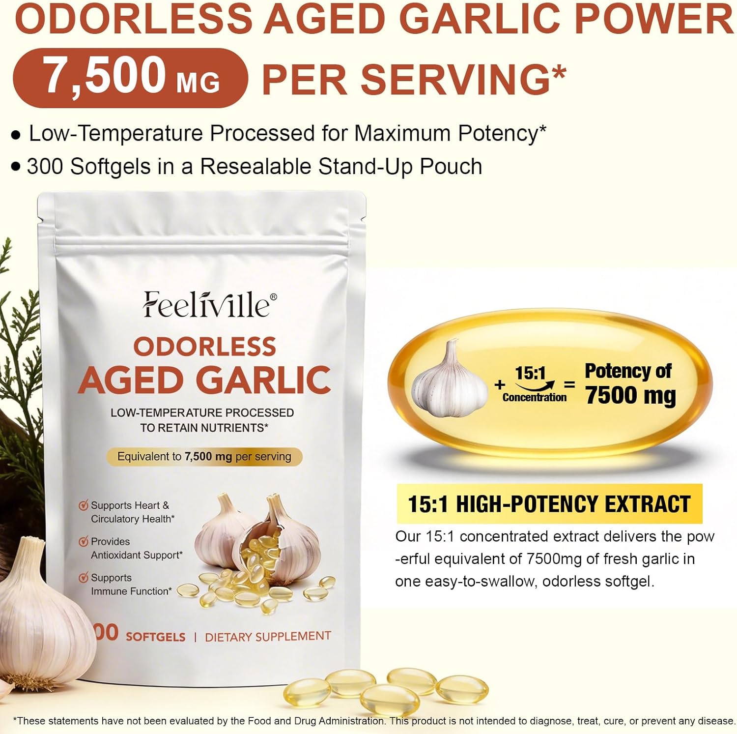Aged Garlic Extract Capsules, 7500mg Odorless Garlic Capsules 300 Softgels - Heart & Immune Support, Antioxidant, Vegetarian, Non-GMO, All-Natural Softgels