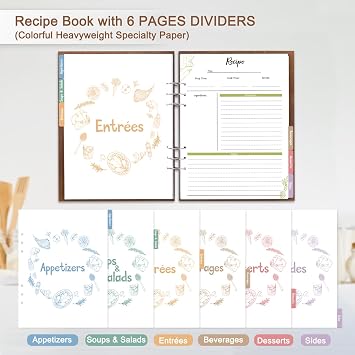 Creawoo Wooden Recipe Book to Write in Your Own Recipes Personalized Blank Recipe Binder Cookbook, Hardcover DIY Family Recipes Full Pages with 6 Colorful Dividers, Idea Cooking Gift- 8.5x11