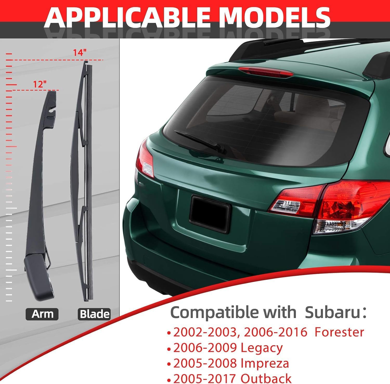 OTUAYAUTO Rear Windshield Wiper Arm and Blade Replacement for Subaru Forester 2006-2020, Outback 2005-2017 Legacy Impreza Tribeca Back Cover Accessories Assembly