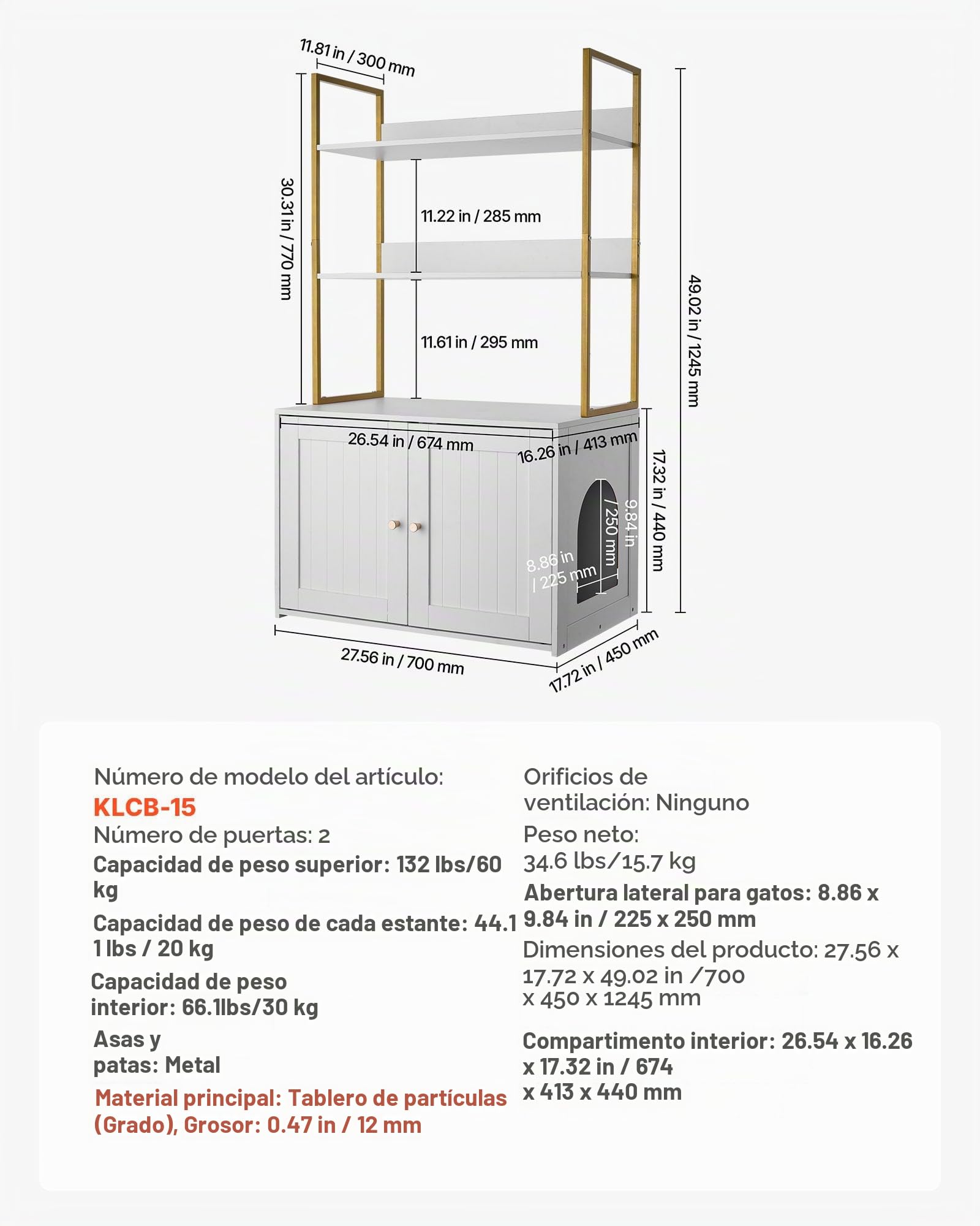 VEVOR Arenero para Gatos, 700 x 450 x 1245 mm, con Patas de Metal y Estantes de Almacenamiento de 2 Niveles, Caseta para Gatos, Compatible con la Mayoría de Areneros, Ideal para el Salón, Blanco