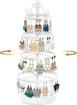 MODOWEY Rotating Earring Holder Organizer Stand Metal Display, 4 Tier White