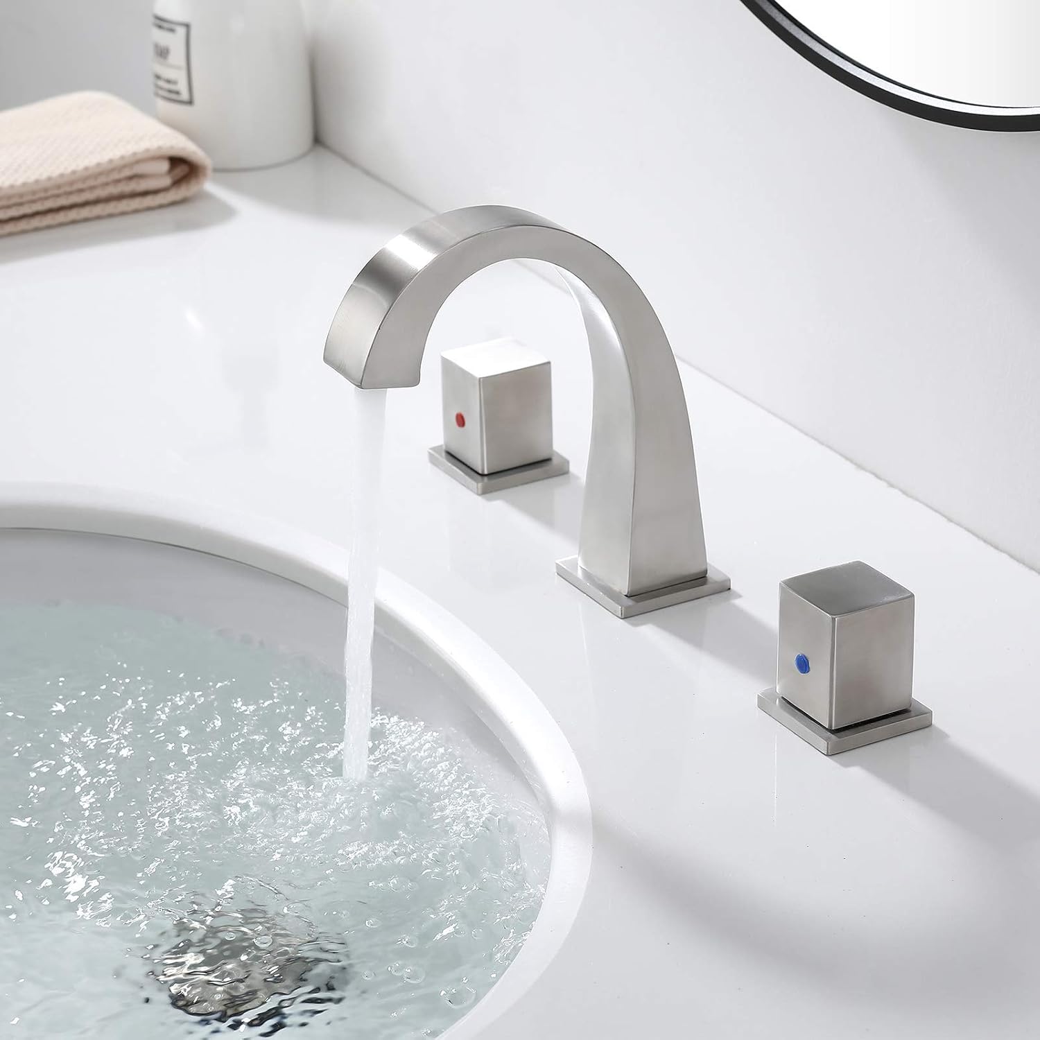 50% Off Discount Bellecto 2 Handle 3 Hole Bathroom Faucet, 8-16 inch Brushed Nickel Modern Widespread Bathroom Sink Faucet with Unique Square Handle, Lavatory Vanity Faucet with cUPC Water Supply Hoses