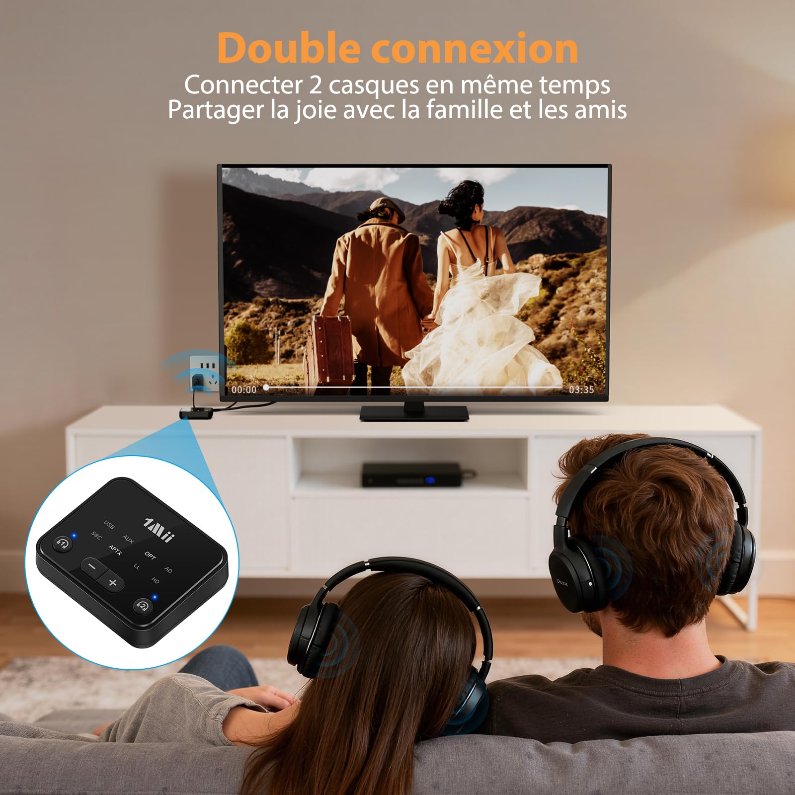 1Mii B06T6 Émetteur Bluetooth 5.3 pour TV vers 2 Casques sans Fil, aptX Adaptive & Faible Latence, Transmetteur Adaptateur Bluetooth, Double Connexion, Contrôle du Volume, Optique/USB/AUX/RCA