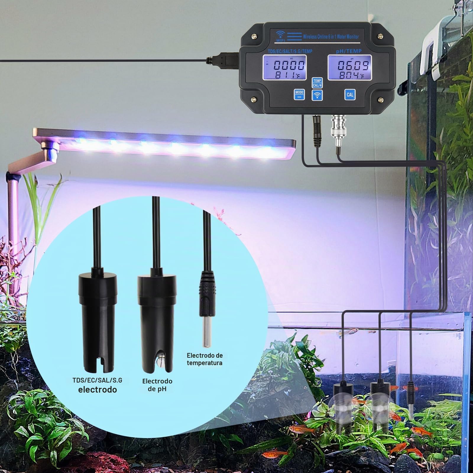 EC - Monitor de pH para Hidroponía, Probador de Calidad del Agua 6 en 1 con Wi-Fi, Medidor de pH, Monitor Continuo de pH PPM, EC CF, Temperatura de Humedad del Sistema de Cultivo DWC Interior, Tanque
