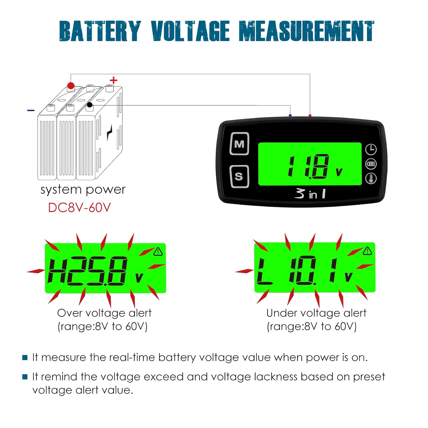 Runleader Digital Engine Temperature Gauge Volt Meter,Programmable Alert Reminder,Clock Display,Backlight Mode Selection for Generator Motorcycle Dirtbike ATV Outboard Motor Marine Snowmobile