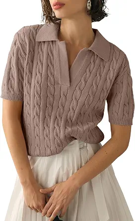 Imily Bela Women's Cable Short Sleeve Sweater Top with V-Neck and Lapel