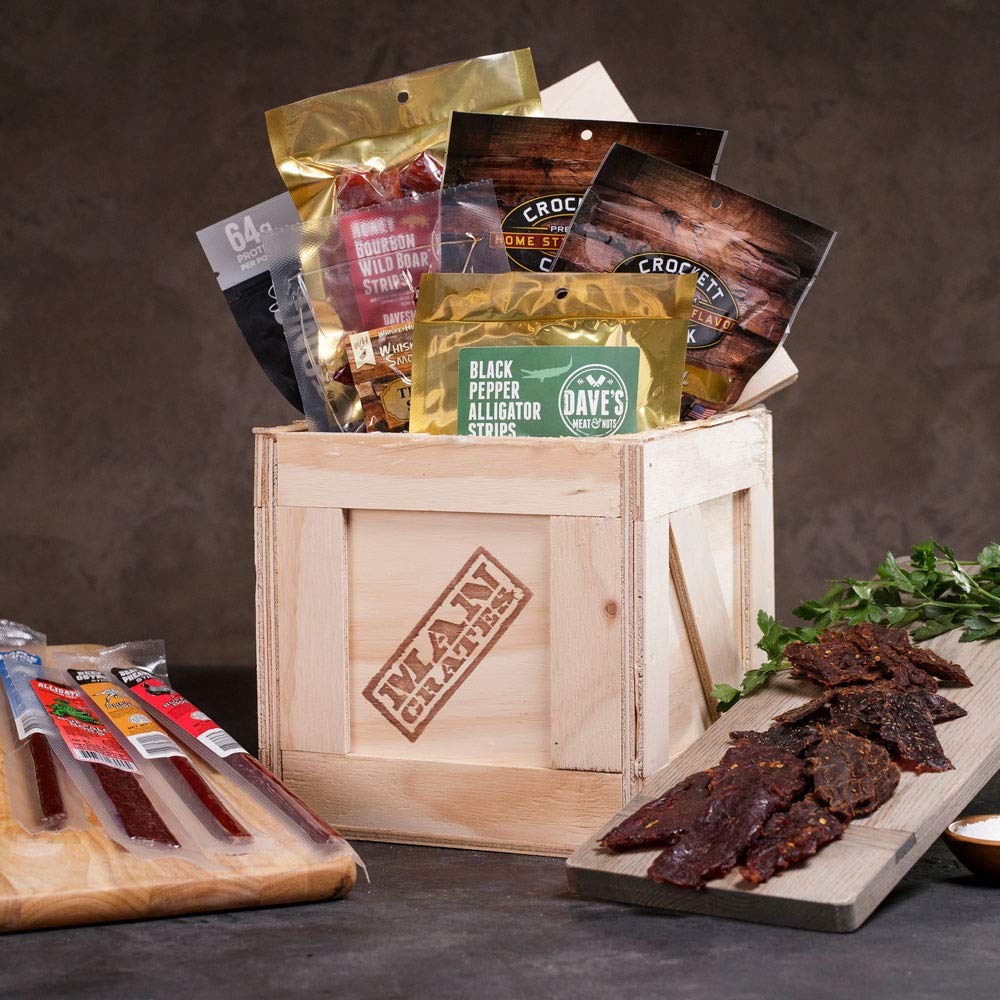 Exotic Meats Crate – Includes 10 Rare Jerky Flavors Like Venison, Wild Boar, Elk and More – Ships In A Sealed Wooden Crate With A Laser-Etched Crowbar – Ultimate Gift For Meat Lovers