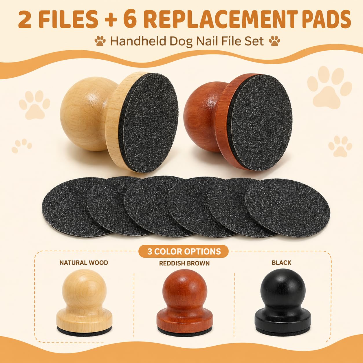 Hundenagelfeile aus Holz, 2er-Set mit 6 Ersatz-Schleifpads，Schwarz | 2 Hundenagelfeilen aus Holz, austauschbare Schleifpads und manuelle Kontrolle für die regelmäßige Krallenpflege
