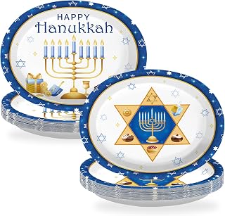 50Pcs Hanukkah Oval Paper Plates 10" x 12" Heavy Duty 400 GSM Blue Happy Chrismukkah Disposable Party Plates Hanukkah Christmas Dessert Platters for Jewish Menorah Chanukah Holiday Party Decorations