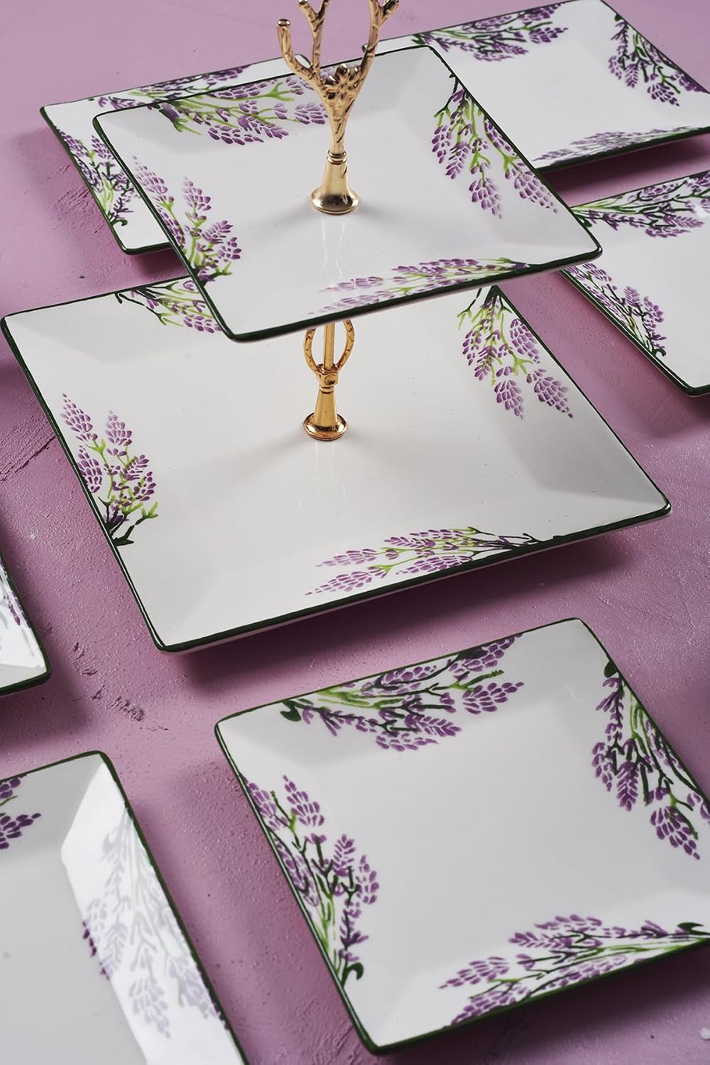 Serving Set Lavender Ceramic Two-Tiered Serving Platter & 6 Dessert Plates Cake Stand Cookie Stand 9 Piece - Multicolor, One Size