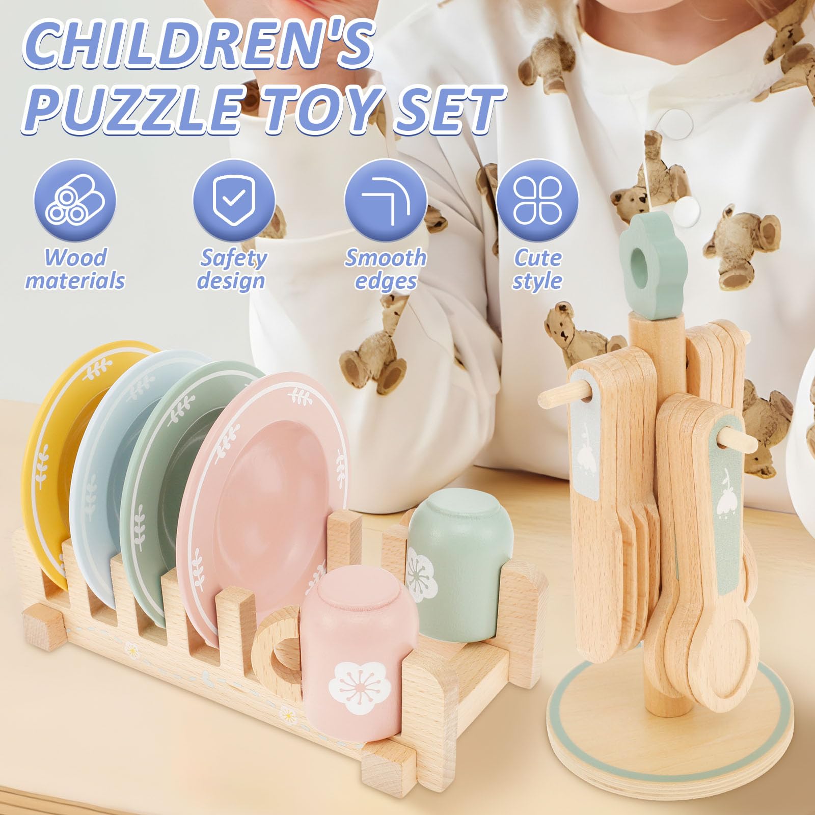 MENIBBLER Wooden Kitchen Toys, Kid Wooden Dinnerware Toy Set, Wood Kids Kitchen Playset - Image 3
