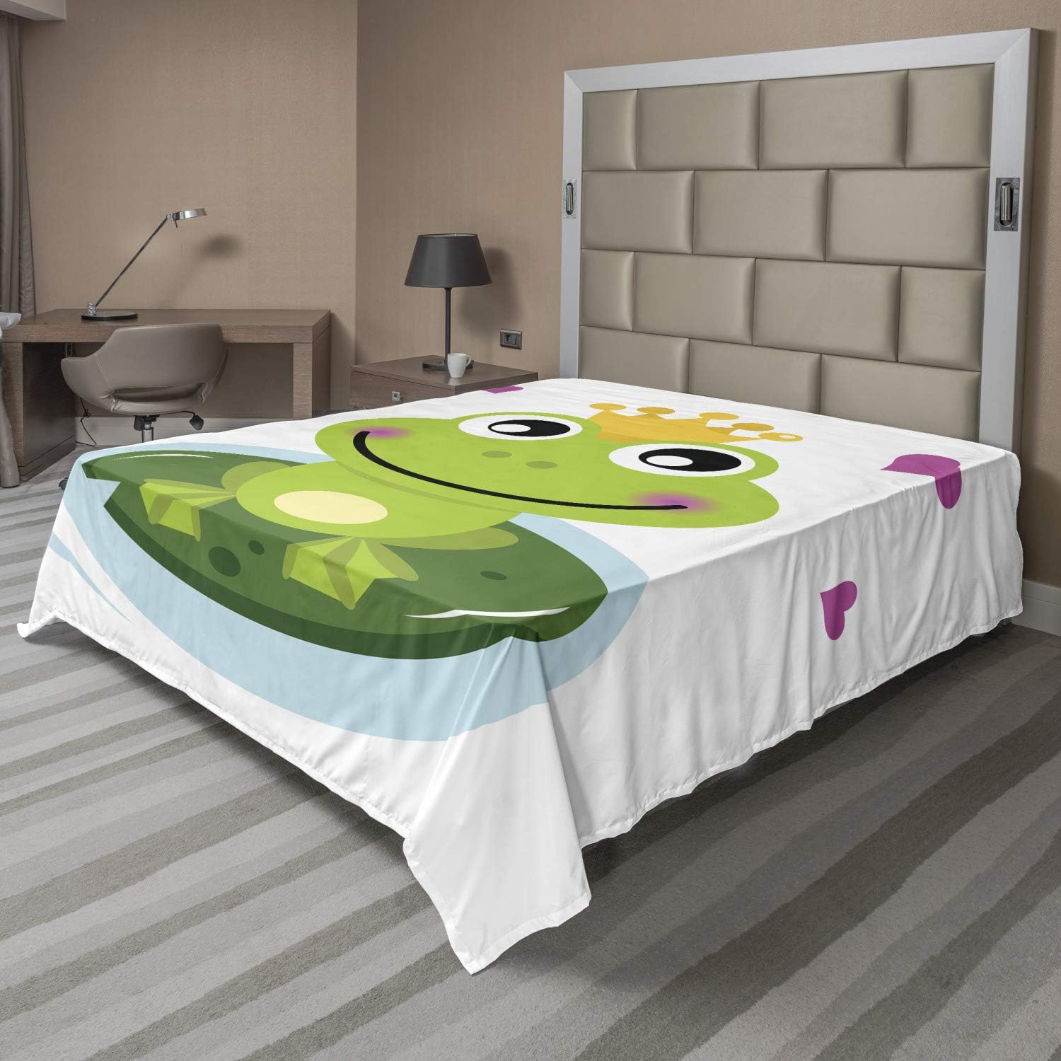 Ambesonne Animal Flat Sheet, Cartoon Cheerful Frog Prince with a Crown and Hearts Character Doodle, Soft and Comfortable Top Sheet Decorative Bedding 1 Piece, Full Size, Multicolor