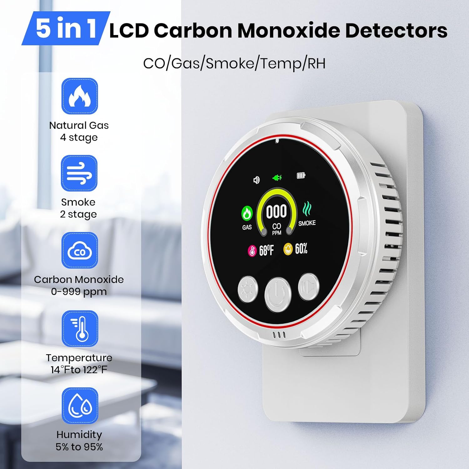 5-in-1 Carbon Monoxide Detectors,Natural Gas Leak Detector Smoke and Carbon Monoxide Detector Plug in Wall,HD Digital Display CO Gas Temp Humidity, Gas Detector for Home Kitchen Hotels RV (2 Pack)