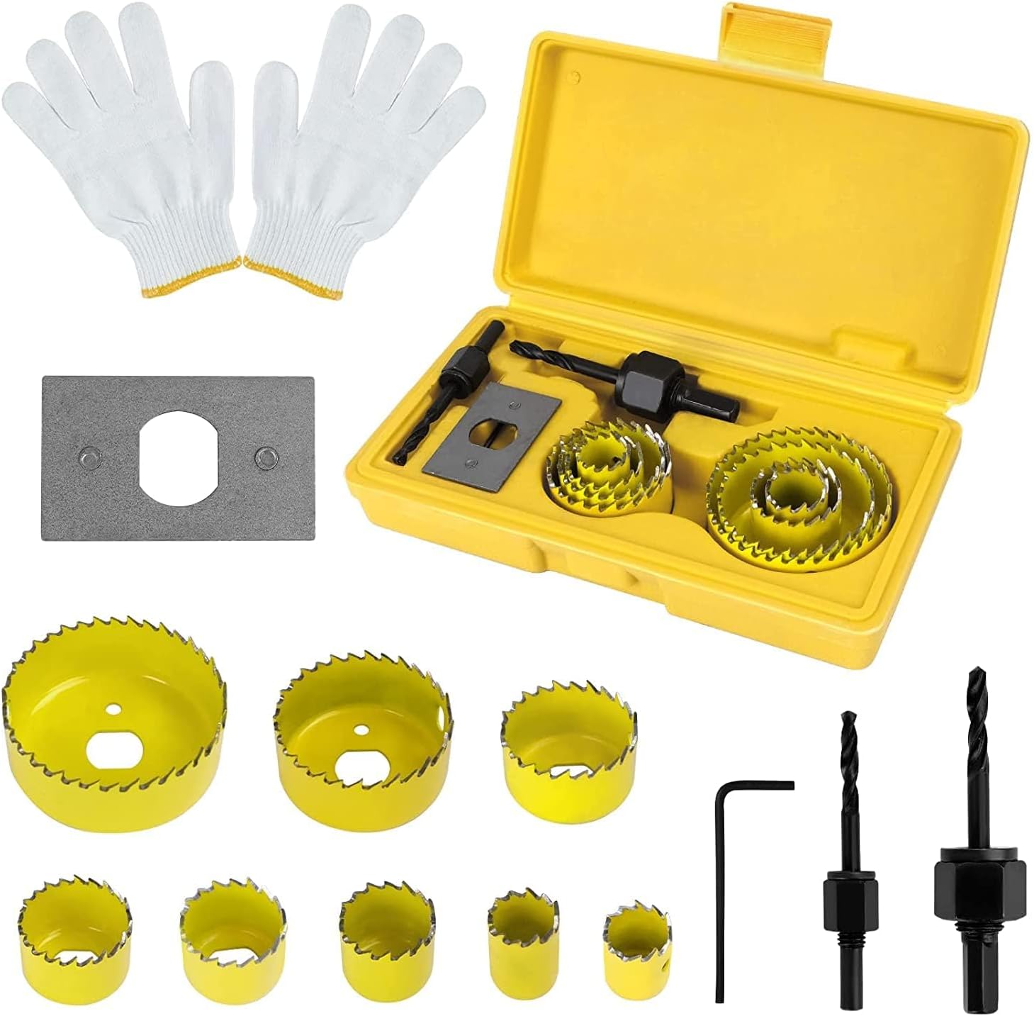 12PCS Hole Saw Cutter Kit, 19-64mm Carbon Steel Downlights Drill Bit Tools with A Pair of Gloves and Storage Box,for Plasterboard,Wood,PVC Board,Plastic Plate