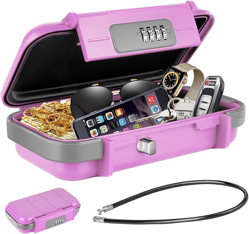 Portable Safe Lock Box with Combination Lock Mini Beach Travel Safe Waterproof Small Lockable Boxs with Removable Wire Rope Combination Lock Box for Dorm,Travel,Beach,Hotel,Car,Home,Office