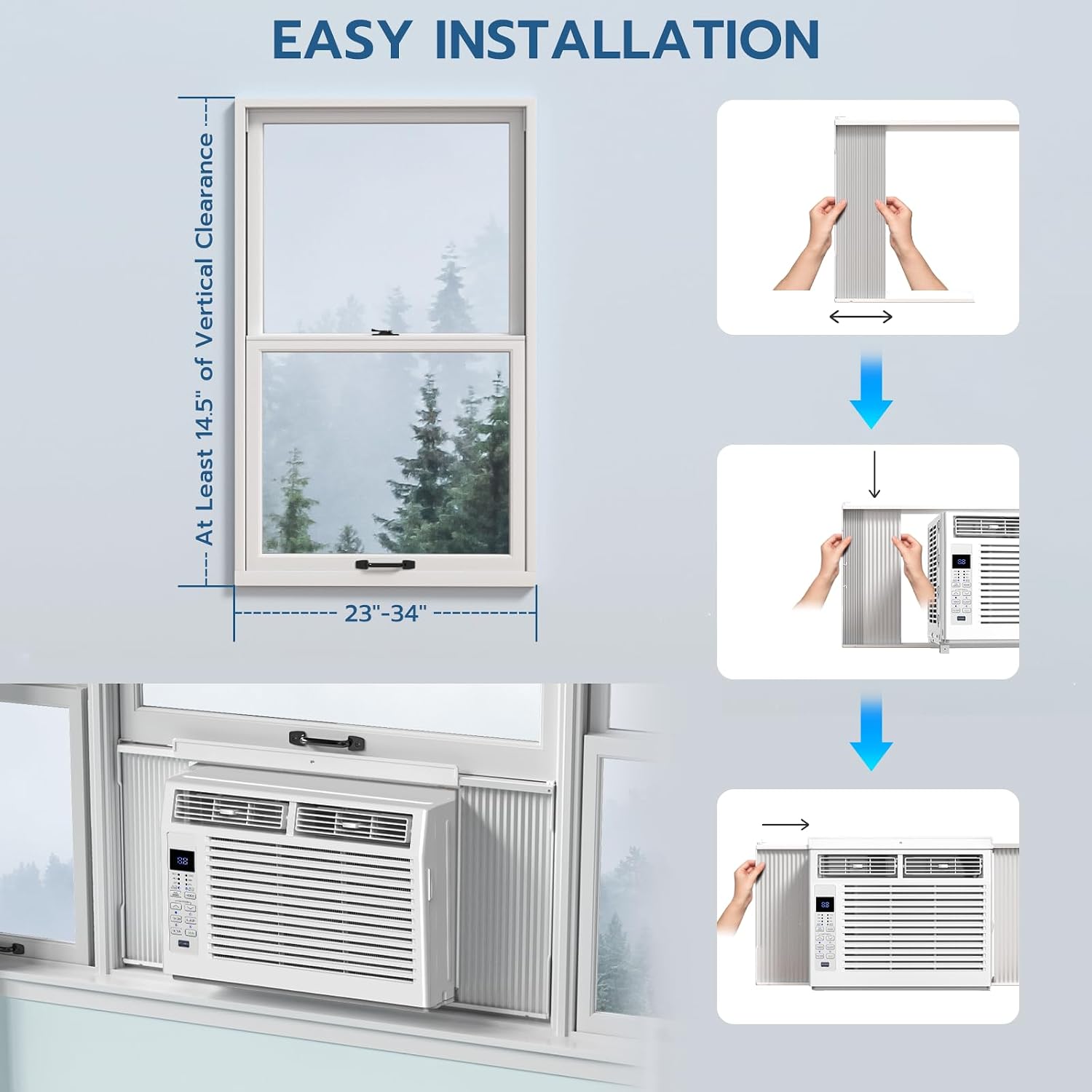 Diagram showing easy installation steps for the ZAFRO A8505W-5K Window Air Conditioner