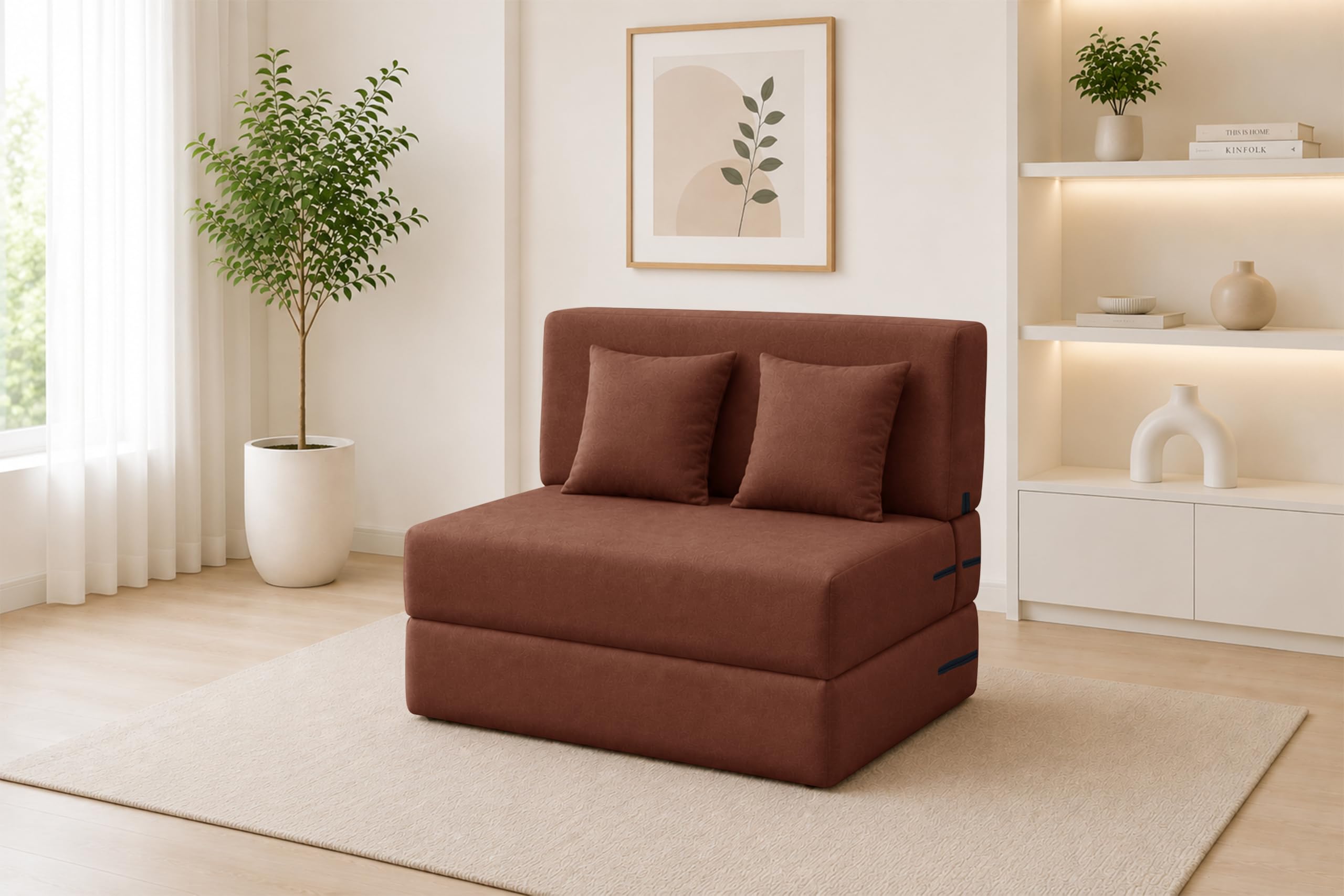 Los Angeles Foldable One Seater Sofa Cum Bed, Sofa Bed 3 X 6 Feet Jute Fabric Washable Cover- Including Two Cushion Perfect for Living Room & Office, Guest Room - Brown Color-image-46