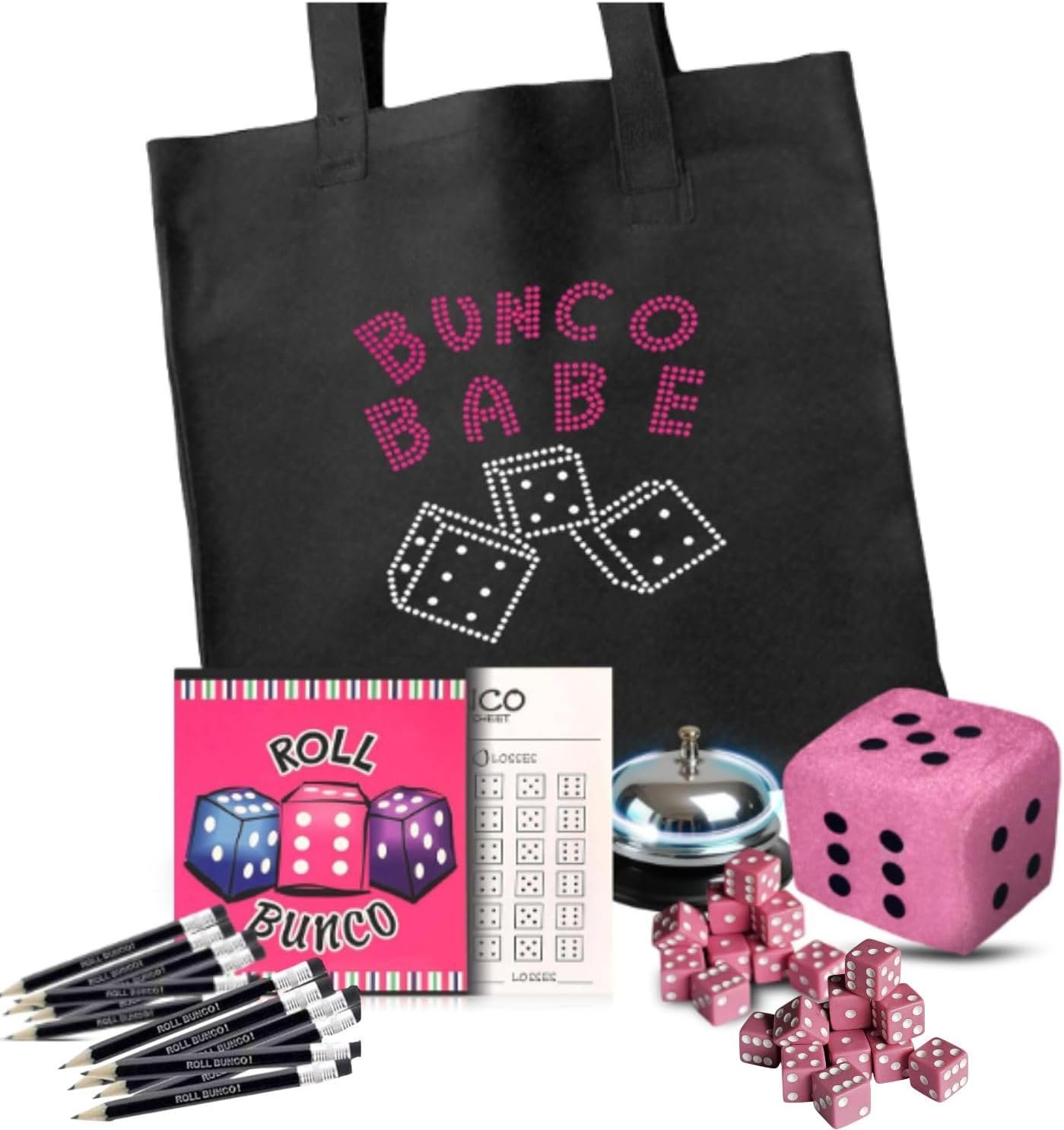 Bunco Babe Game Kit with Bunco Party Supplies. Includes Tote Bag, 21 Dice, Score Sheets, 24 Pencils, Bell, & Plush Dice.