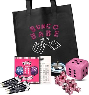 Bunco Babe Game Kit with Bunco Party Supplies. Includes Tote Bag, 21 Dice, Score Sheets, 24 Pencils, Bell, & Plush Dice.