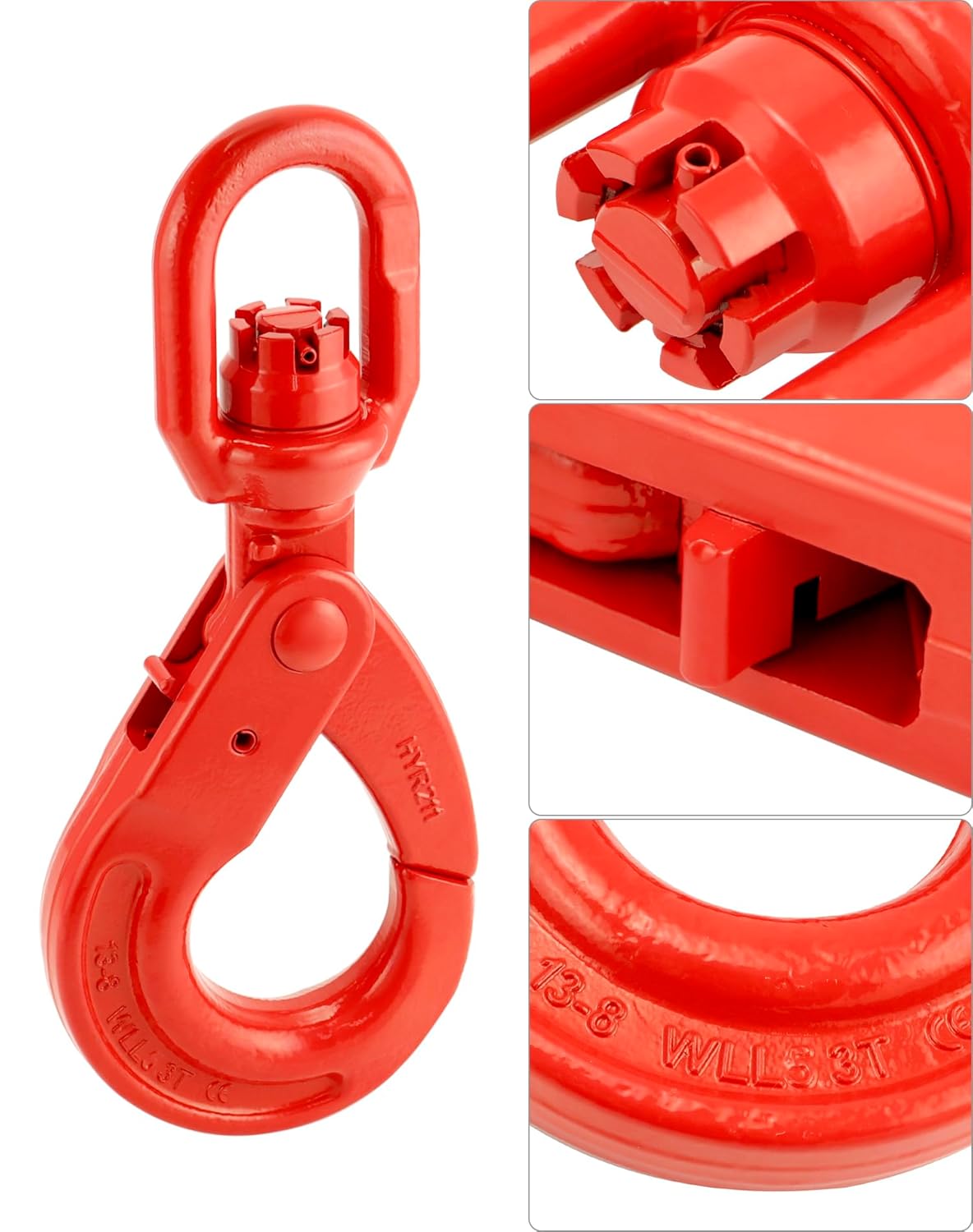 QWORK Grade 80 Drop Forged Steel Swivel Self-Locking Hook, 11000 lbs Hoisting Hook, Large Swivel Eyes 1/2" Trade, Painted Finish