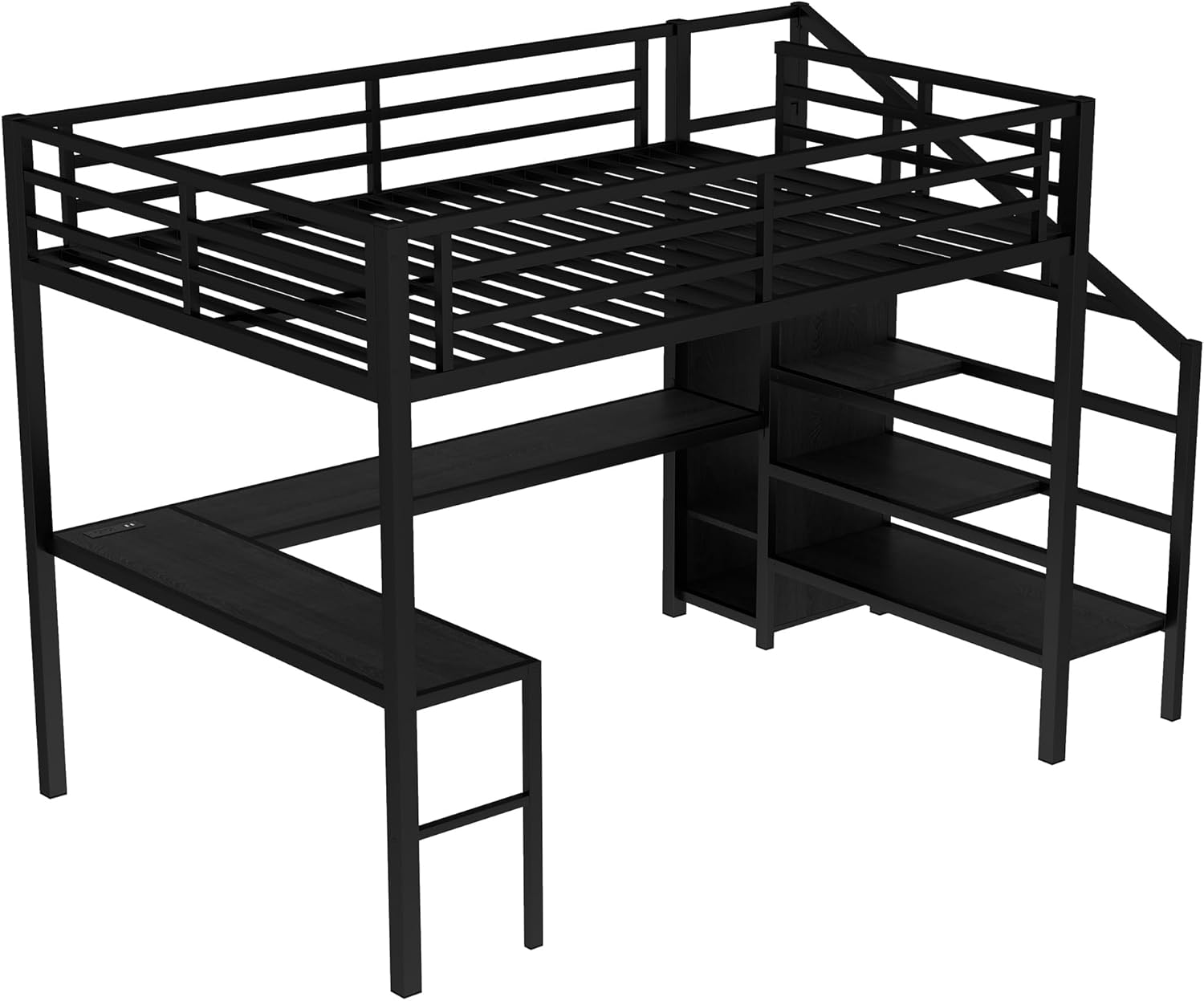 KEIKI Metal Queen Loft Bed with L-Shaped Desk, USB Charging Port, Wardrobe, Adjustable Shelf, and LED Lights, High Loft Bed with Stairs for Teens and Adults, Black