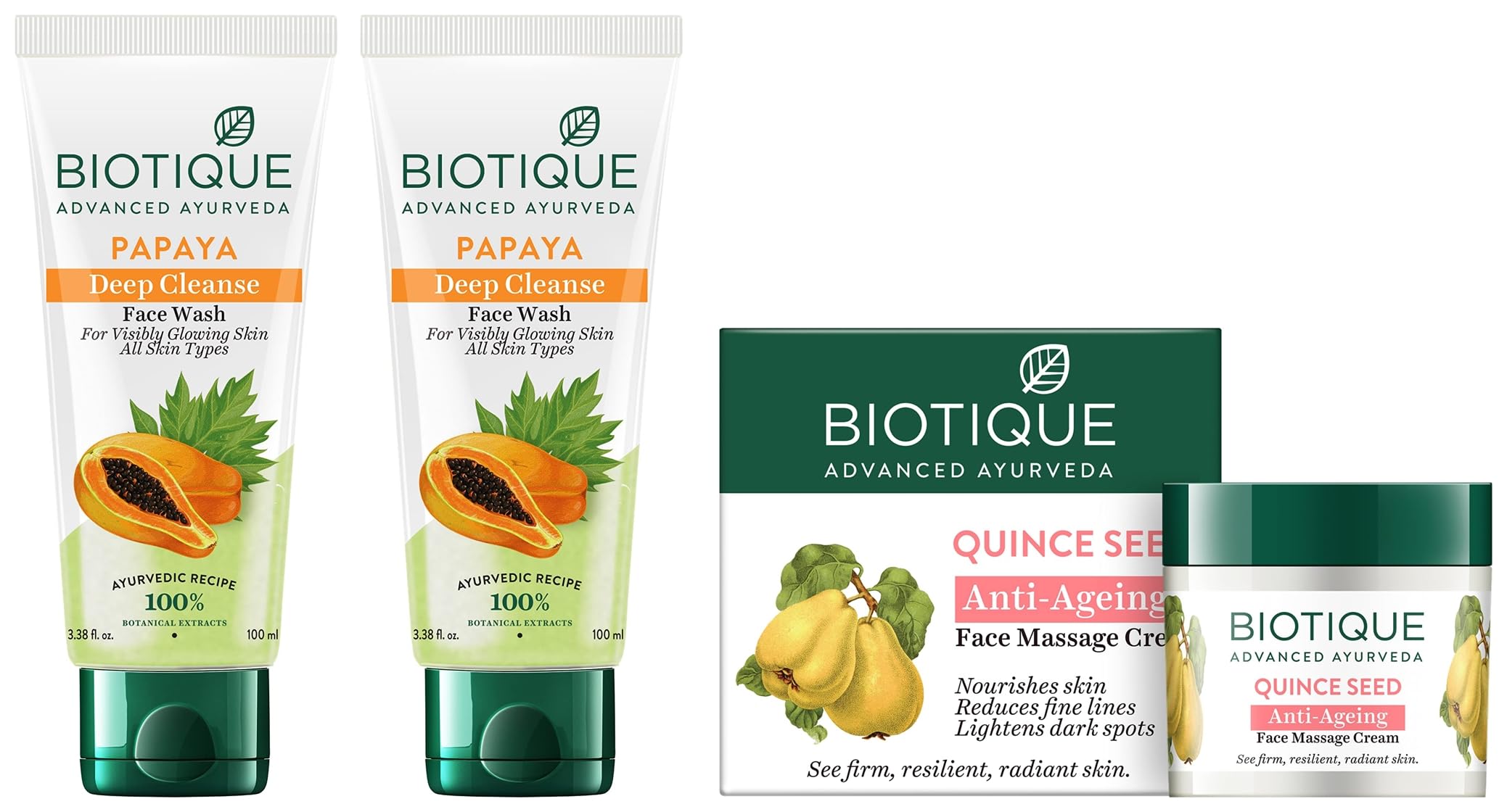 Biotique Papaya Deep Cleanse Face Wash For Visibly Glowing Skin All Skin Types 2x100ml & Biotique Bio Quince Seed Nourishing Face Massage Cream For Normal To Dry Skin, 50G