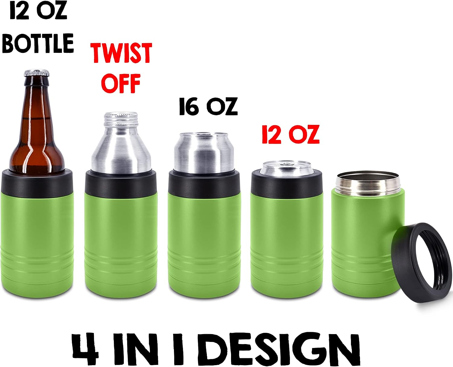 4-in-1 Stainless Steel 12 oz Double Wall Vacuum Insulated Can or Bottle Cooler Keeps Beverage Cold for Hours - Also Fits 16 oz Cans - Powder Coated Olive Drab Green - Clear Water Home Goods