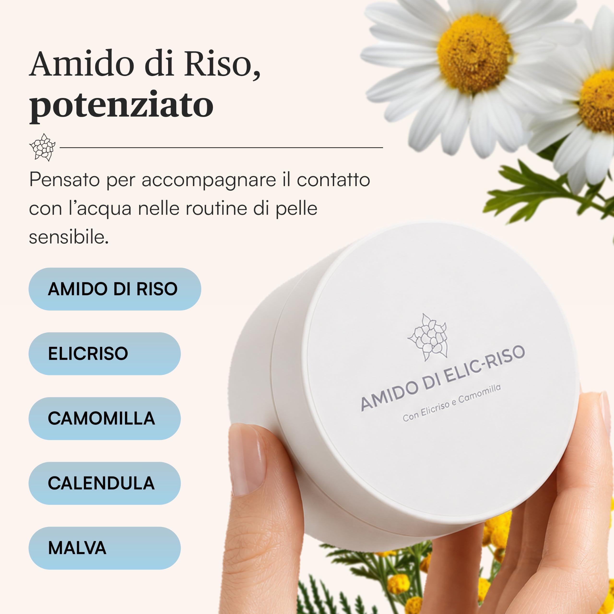 Metodo Pelle Sana Amido di Riso Bagnetto Neonato Bambino Adulto, Pelle Sensibile Secca Reattiva, Polvere Bagno Lenitivo per Rossori Sudamina, Camomilla Calendula Elicriso Malva, 125 g